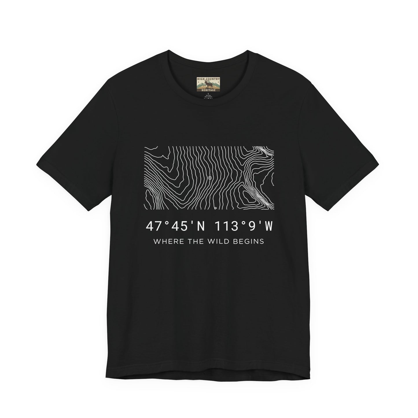 High Country Heritage Bob Marshall Wilderness coordinates tee in Black, featuring precise white topographic contour lines and the coordinates 47 degrees 45 N 113 degrees 9 W on a flat product mockup.