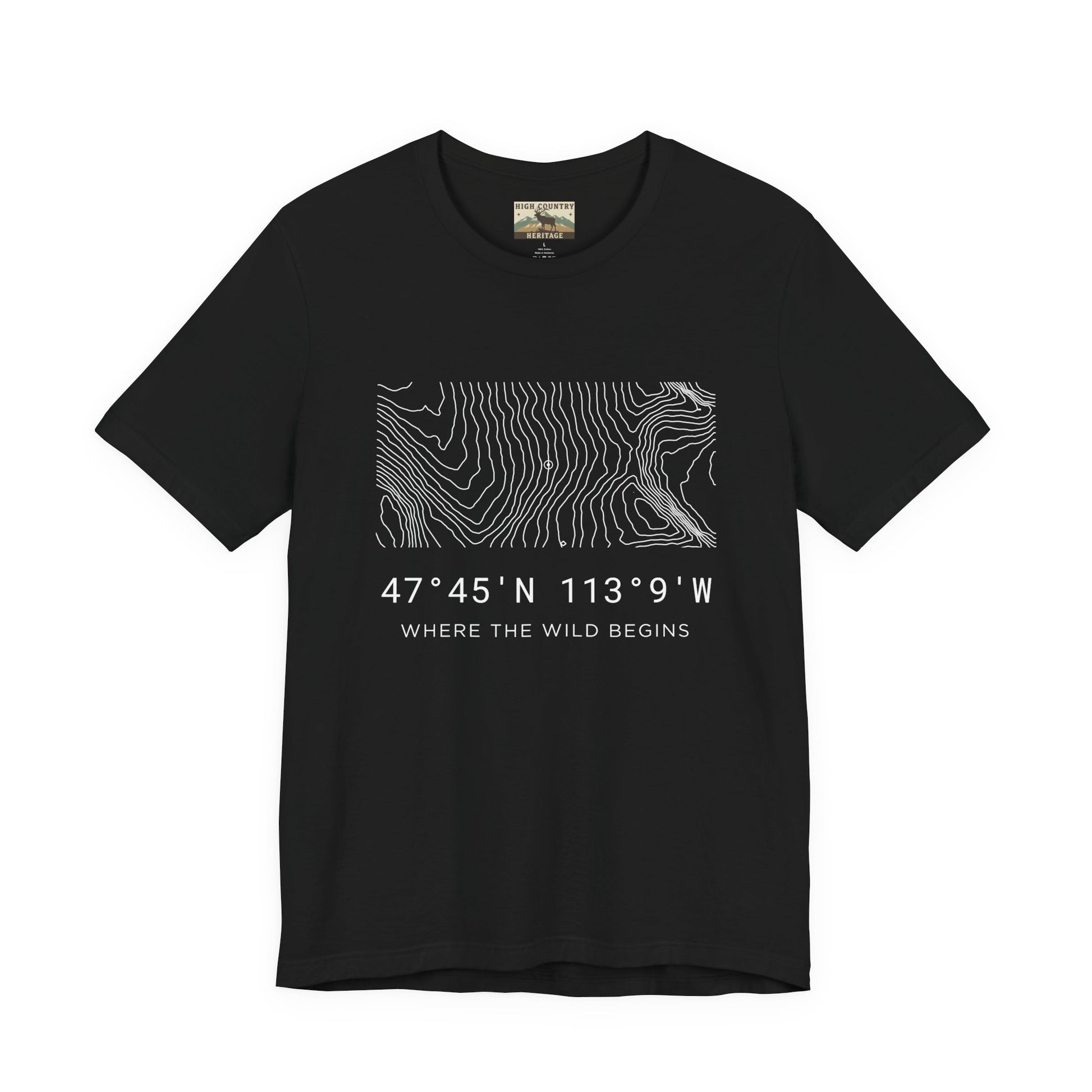 High Country Heritage Bob Marshall Wilderness coordinates tee in Black, featuring precise white topographic contour lines and the coordinates 47 degrees 45 N 113 degrees 9 W on a flat product mockup.