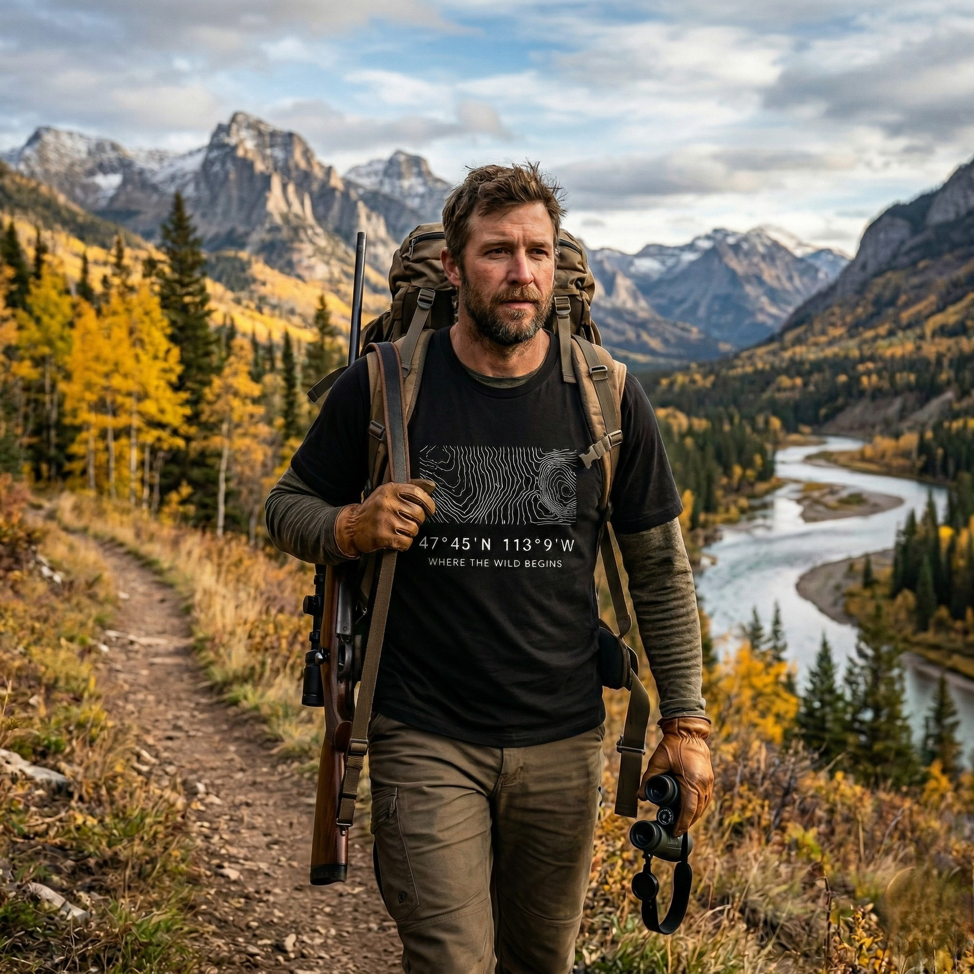 A backcountry hunter wearing a black High Country Heritage Montana topographic map t-shirt walks a mountain trail through golden fall aspen country, carrying a pack rifle and binoculars with dramatic Montana peaks and a river valley behind him.