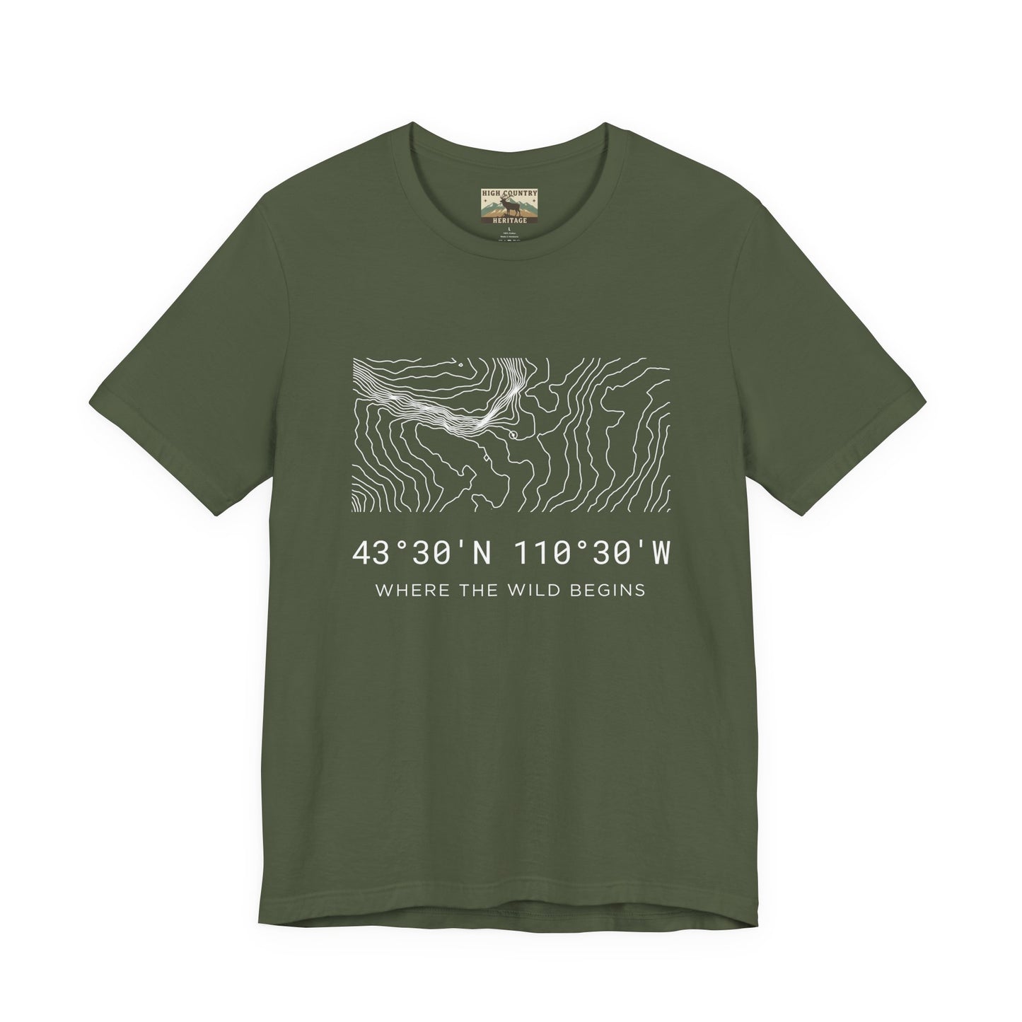 High Country Heritage Wyoming hunting coordinates t-shirt in Military Green, featuring the Bridger-Teton National Forest topographic contour map and GPS coordinates printed in white.