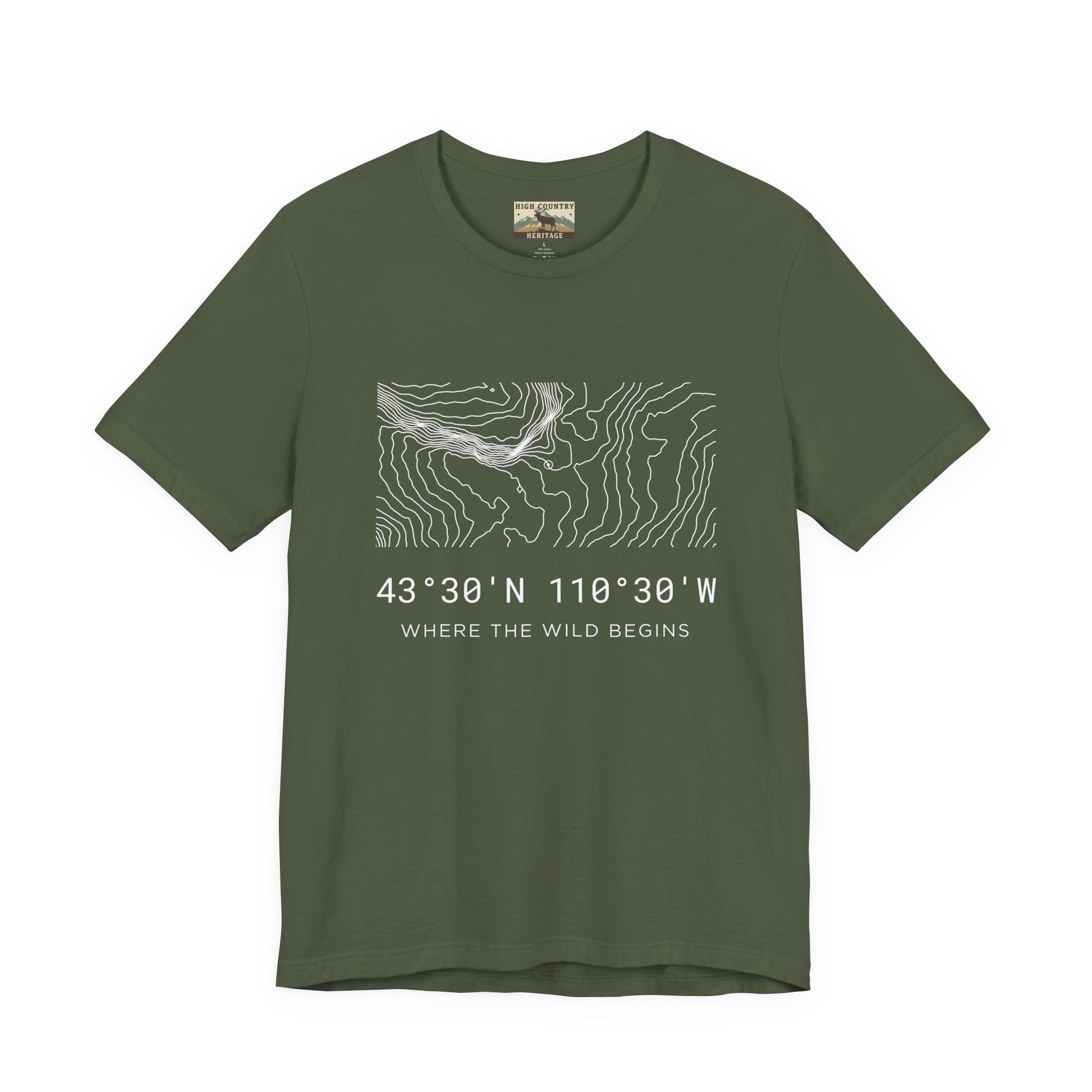 High Country Heritage Wyoming hunting coordinates t-shirt in Military Green, featuring the Bridger-Teton National Forest topographic contour map and GPS coordinates printed in white.