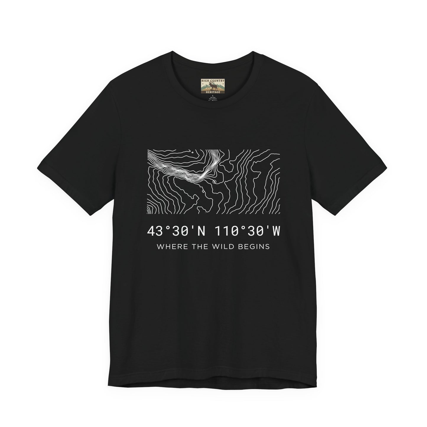 High Country Heritage Bridger-Teton coordinates tee in Black, showing precise white topographic contour lines and the coordinates 43 degrees 30 N 110 degrees 30 W on a clean flat product mockup.