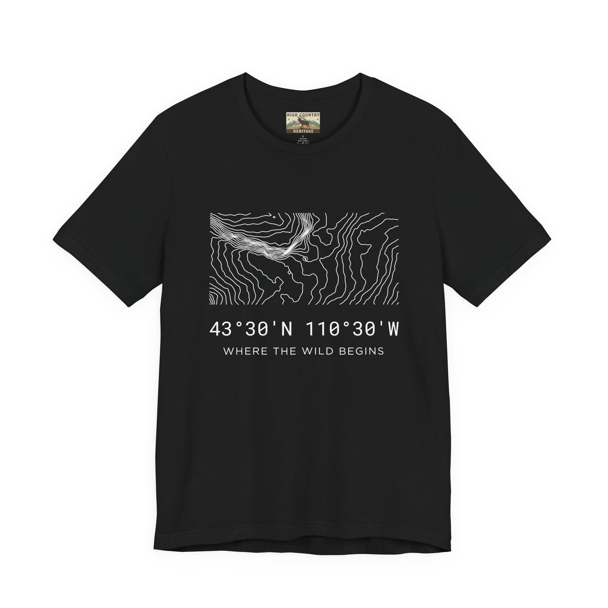 High Country Heritage Bridger-Teton coordinates tee in Black, showing precise white topographic contour lines and the coordinates 43 degrees 30 N 110 degrees 30 W on a clean flat product mockup.
