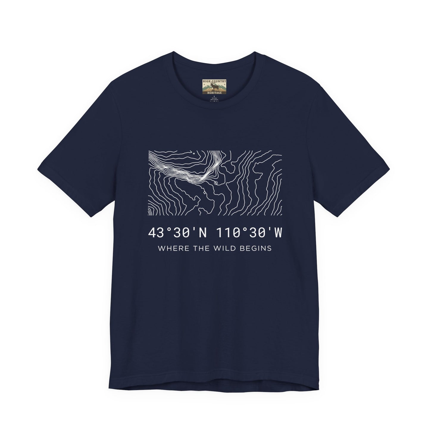 High Country Heritage Wyoming topo map tee in Navy, showing the minimalist contour line design and coordinates 43 degrees 30 N 110 degrees 30 W from the Bridger-Teton National Forest.