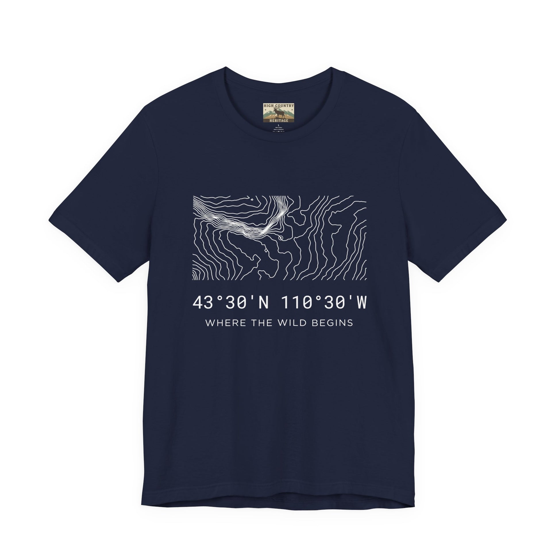 High Country Heritage Wyoming topo map tee in Navy, showing the minimalist contour line design and coordinates 43 degrees 30 N 110 degrees 30 W from the Bridger-Teton National Forest.