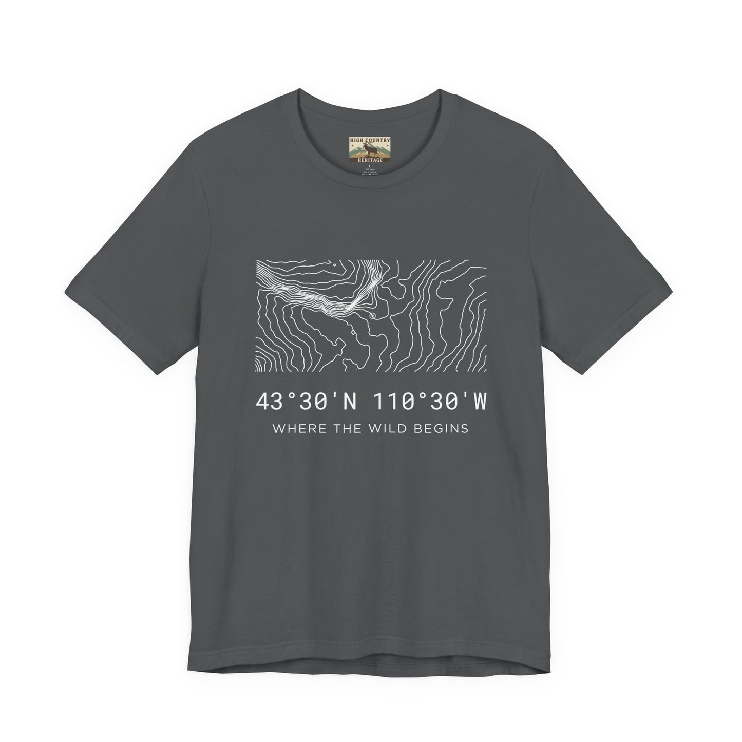 High Country Heritage Wyoming topographic map t-shirt in Asphalt, featuring the white minimalist contour line design and Bridger-Teton National Forest GPS coordinates with the tagline Where the Wild Begins.