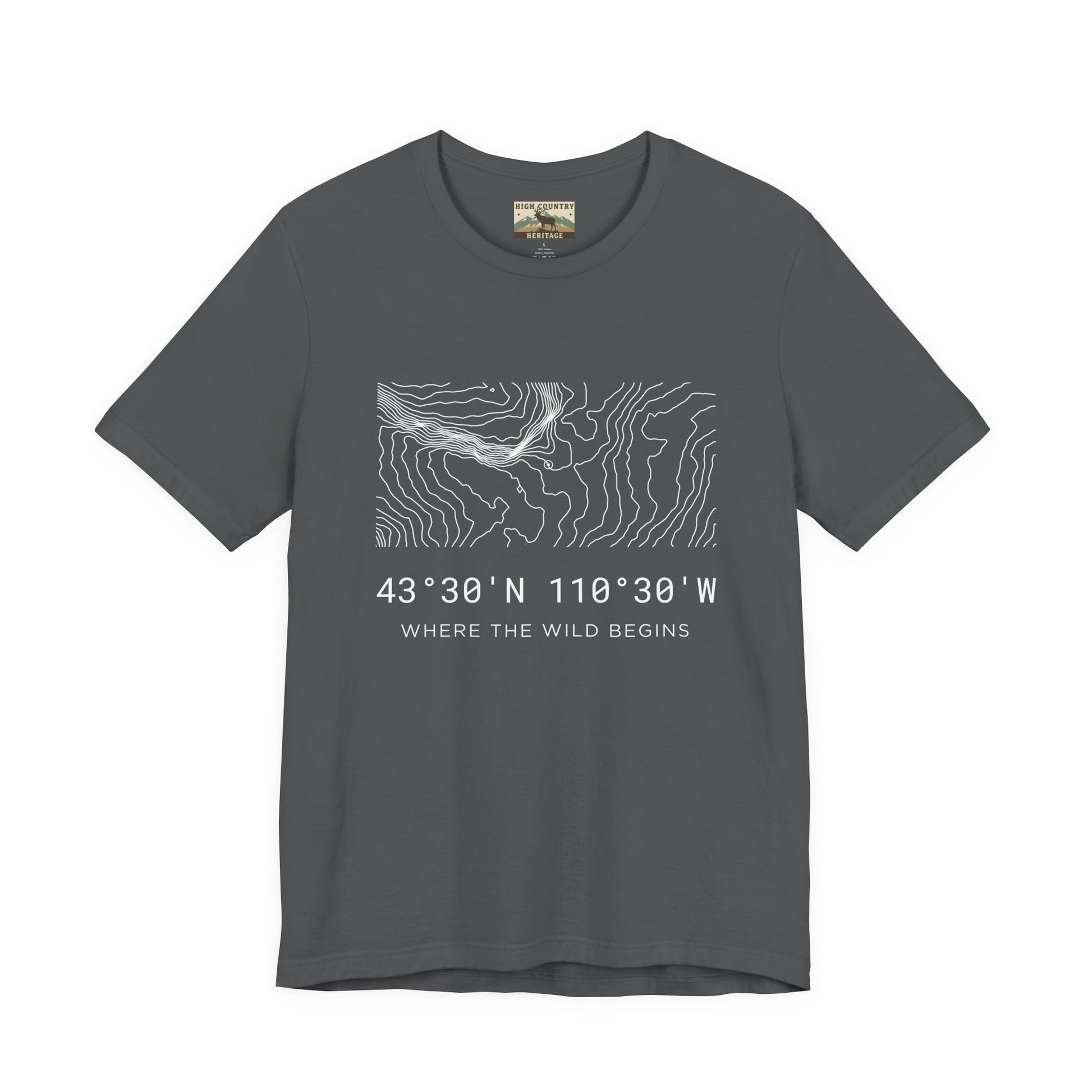 High Country Heritage Wyoming topographic map t-shirt in Asphalt, featuring the white minimalist contour line design and Bridger-Teton National Forest GPS coordinates with the tagline Where the Wild Begins.