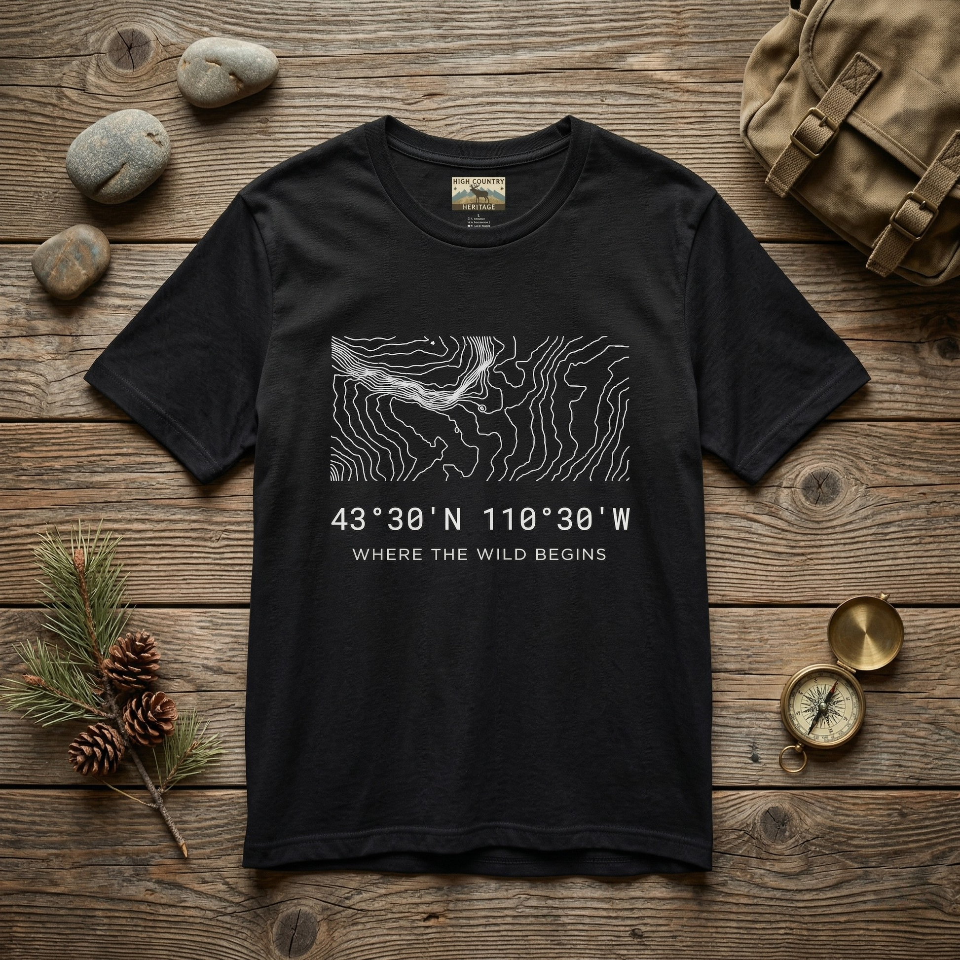Flat lay of a black Bridger-Teton elk hunting coordinates t-shirt on a weathered wood surface with river stones, pine cones, a brass compass, and a canvas pack, showing the minimalist contour map design and coordinates 43 degrees 30 N 110 degrees 30 W.