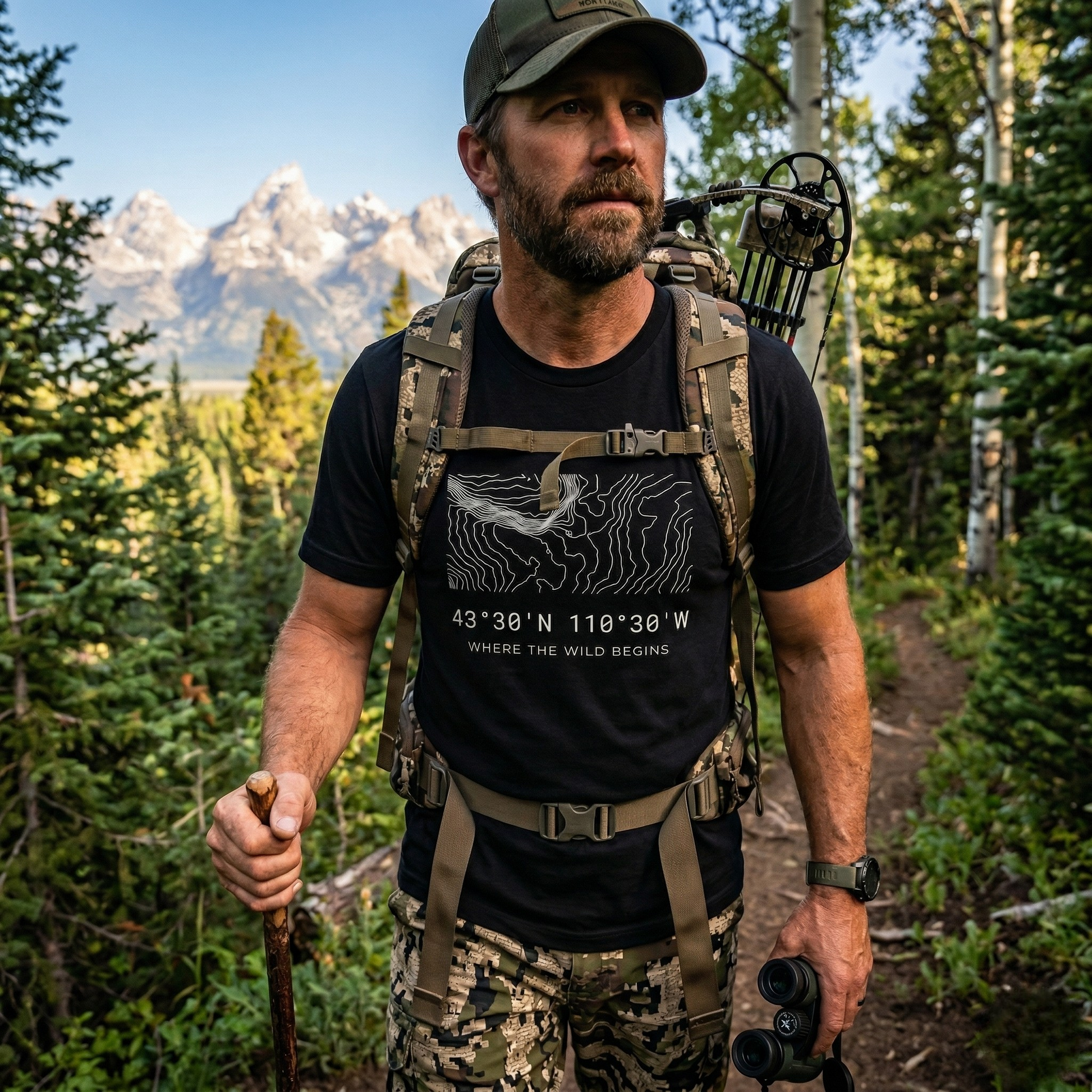 A bowhunter wearing a black High Country Heritage Wyoming topographic map t-shirt stands on a forested trail in the Bridger-Teton with a compound bow on his pack and the Grand Teton peaks rising dramatically behind him.