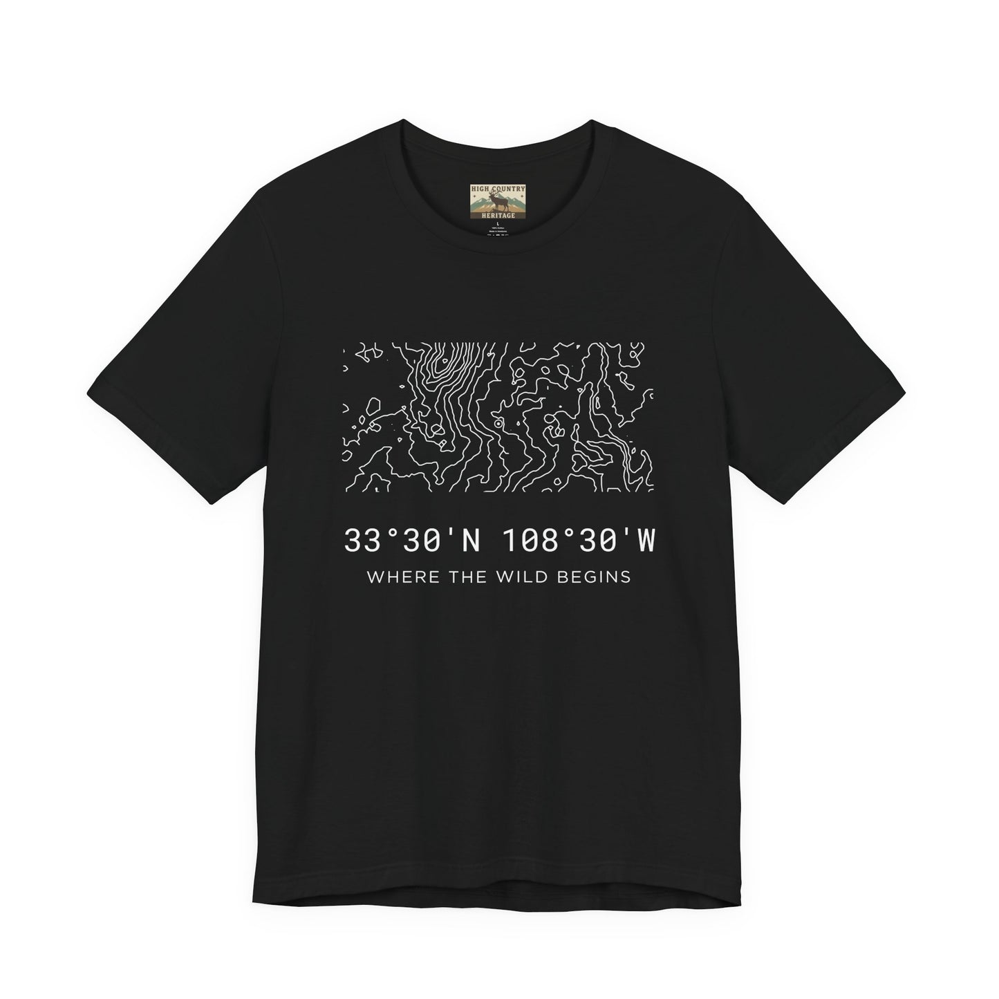 High Country Heritage Gila Wilderness coordinates tee in Black, showing the complex white topographic contour lines and coordinates 33 degrees 30 N 108 degrees 30 W on a clean flat product mockup.