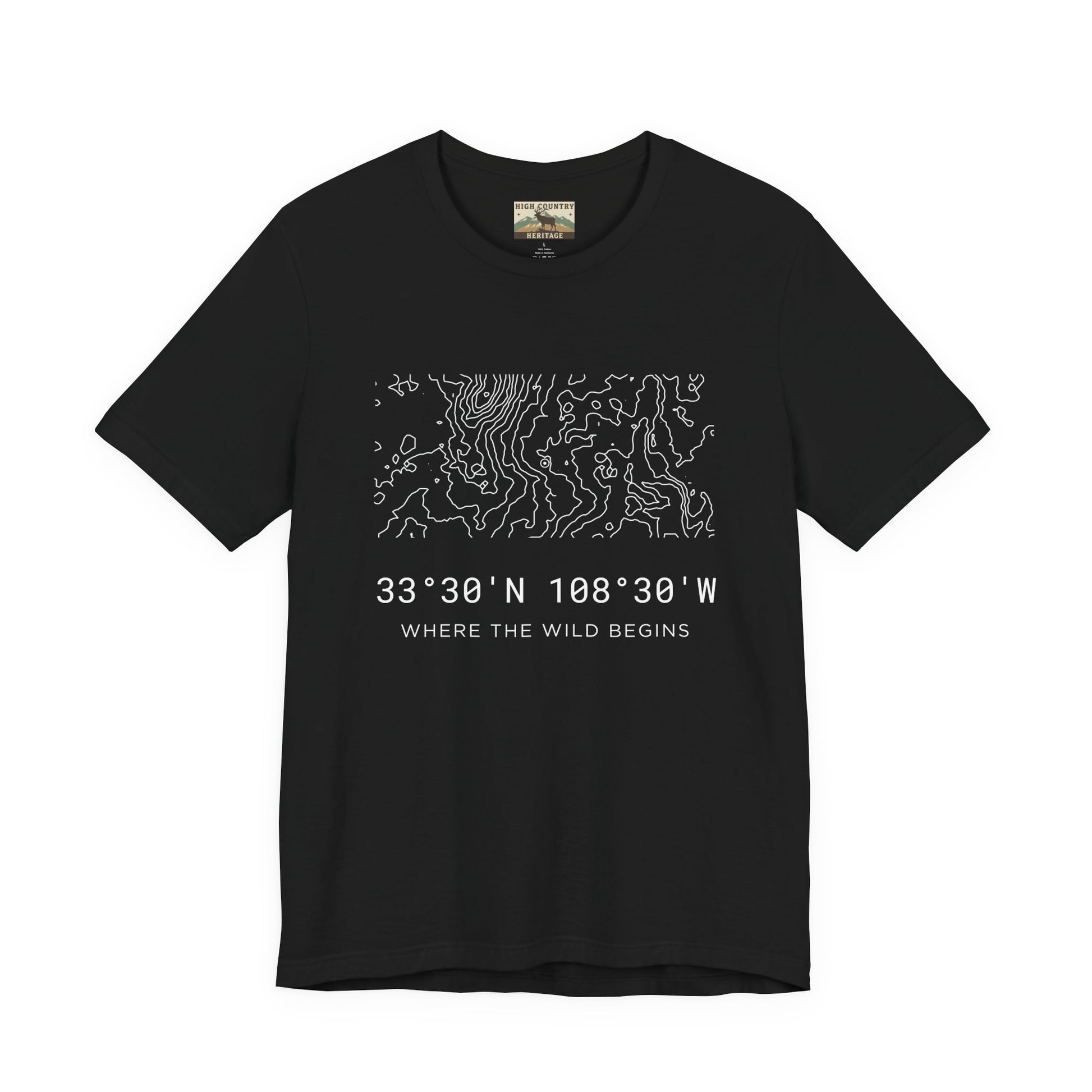 High Country Heritage Gila Wilderness coordinates tee in Black, showing the complex white topographic contour lines and coordinates 33 degrees 30 N 108 degrees 30 W on a clean flat product mockup.