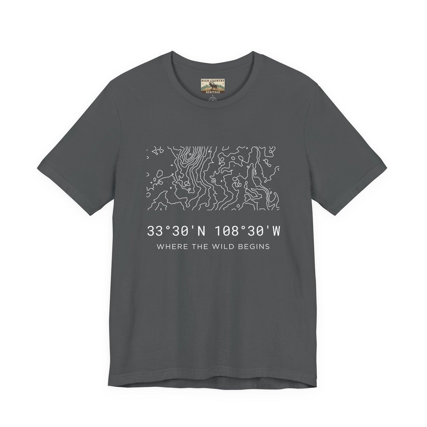 High Country Heritage New Mexico Gila Wilderness topographic map t-shirt in Asphalt, featuring the white minimalist contour line design and GPS coordinates with the tagline Where the Wild Begins.