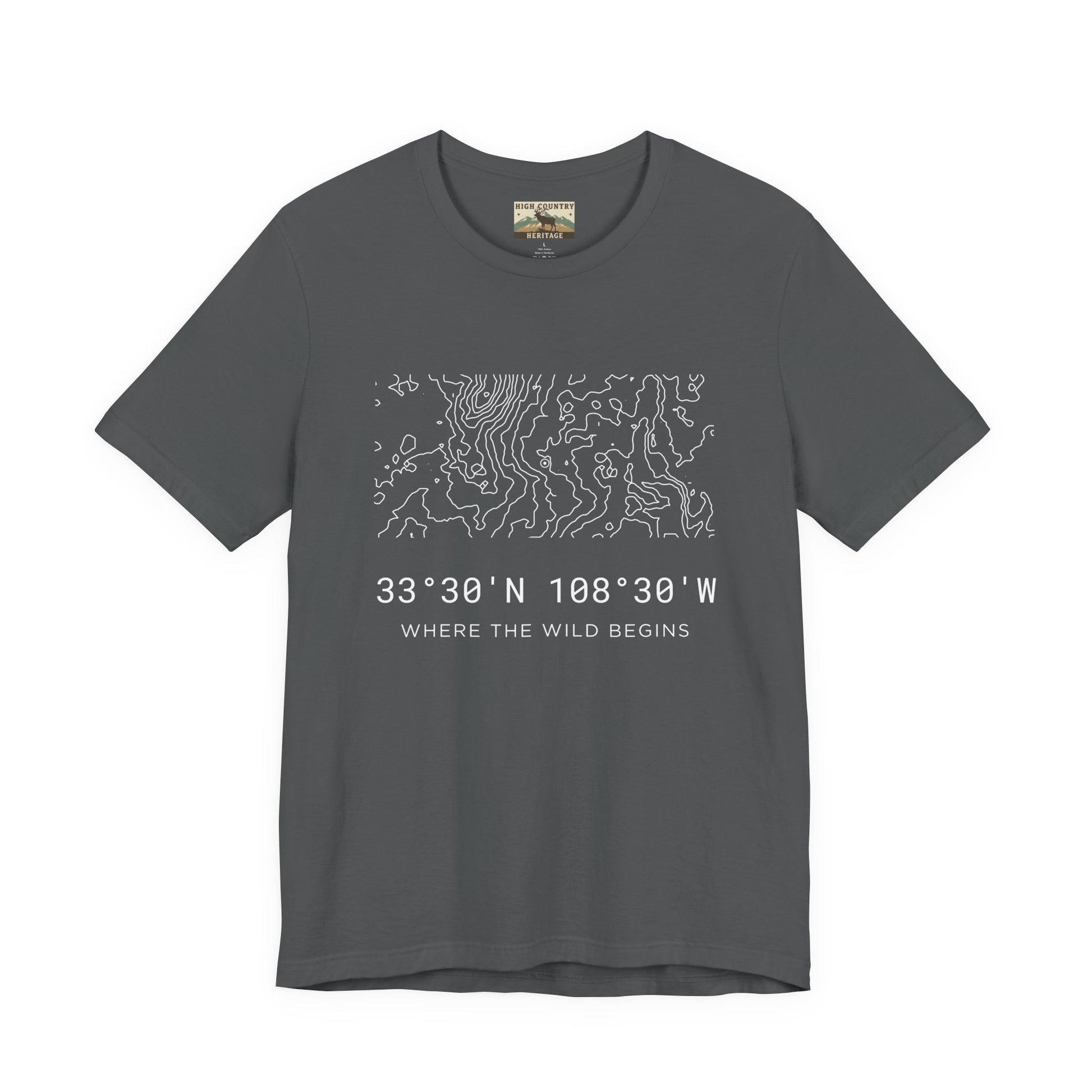High Country Heritage New Mexico Gila Wilderness topographic map t-shirt in Asphalt, featuring the white minimalist contour line design and GPS coordinates with the tagline Where the Wild Begins.