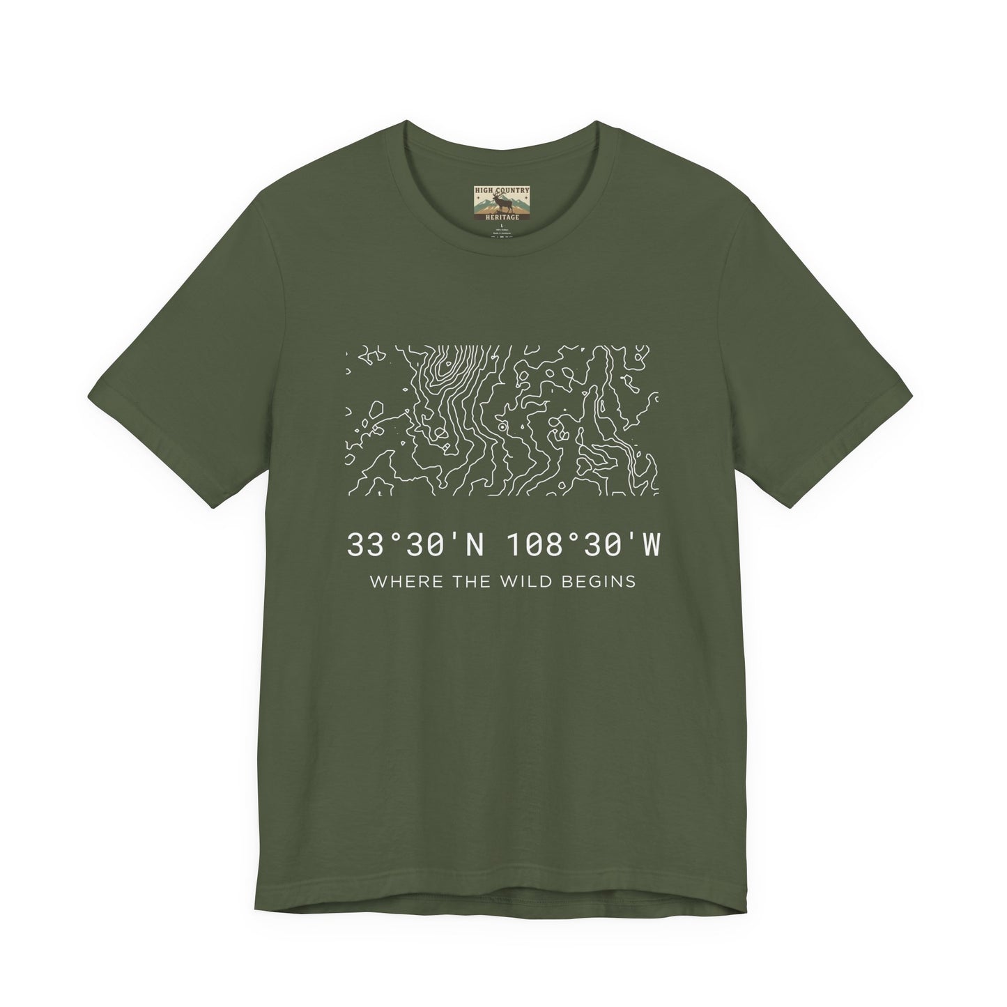 High Country Heritage New Mexico hunting coordinates tee in Military Green, featuring the Gila Wilderness topographic contour map and GPS coordinates printed in white on a flat product mockup.