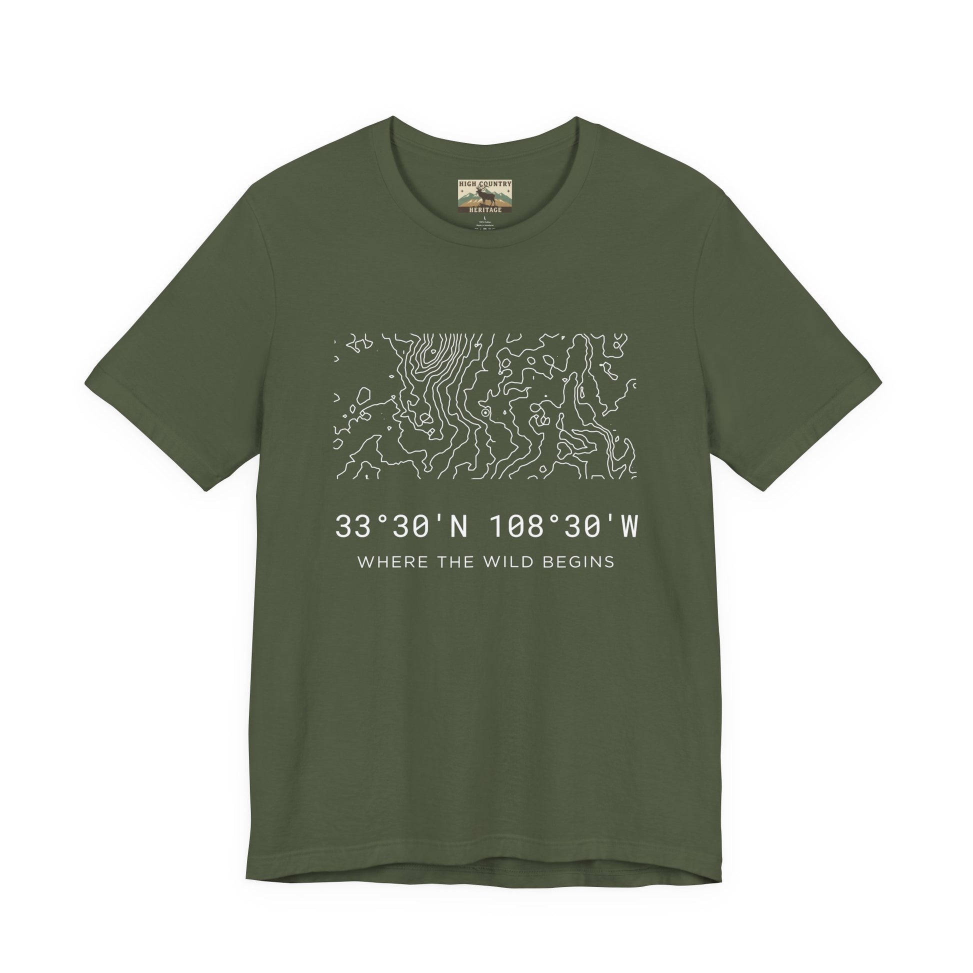 High Country Heritage New Mexico hunting coordinates tee in Military Green, featuring the Gila Wilderness topographic contour map and GPS coordinates printed in white on a flat product mockup.