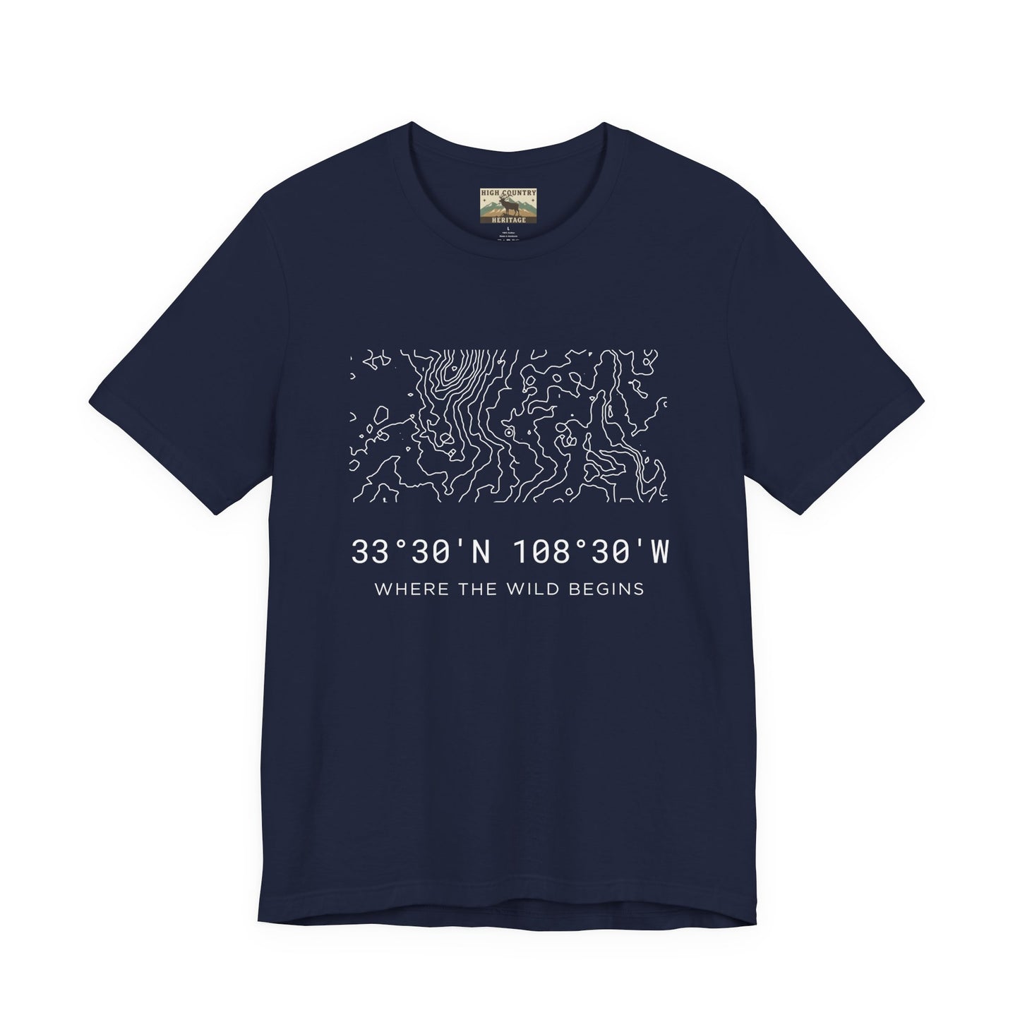 High Country Heritage Gila Wilderness topographic map t-shirt in Navy, showing the complex minimalist contour line design and coordinates 33 degrees 30 N 108 degrees 30 W from New Mexico's Gila Wilderness.