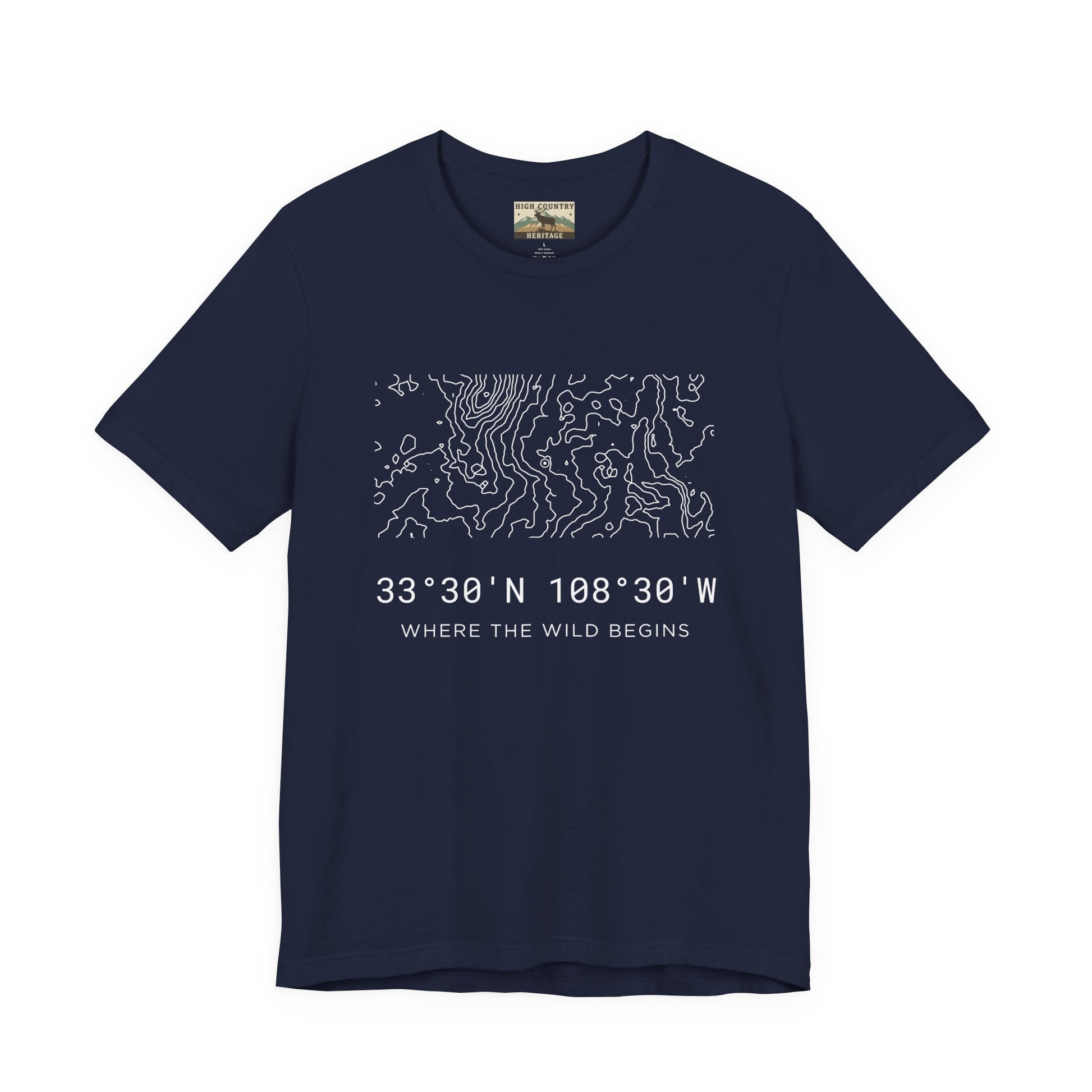 High Country Heritage Gila Wilderness topographic map t-shirt in Navy, showing the complex minimalist contour line design and coordinates 33 degrees 30 N 108 degrees 30 W from New Mexico's Gila Wilderness.