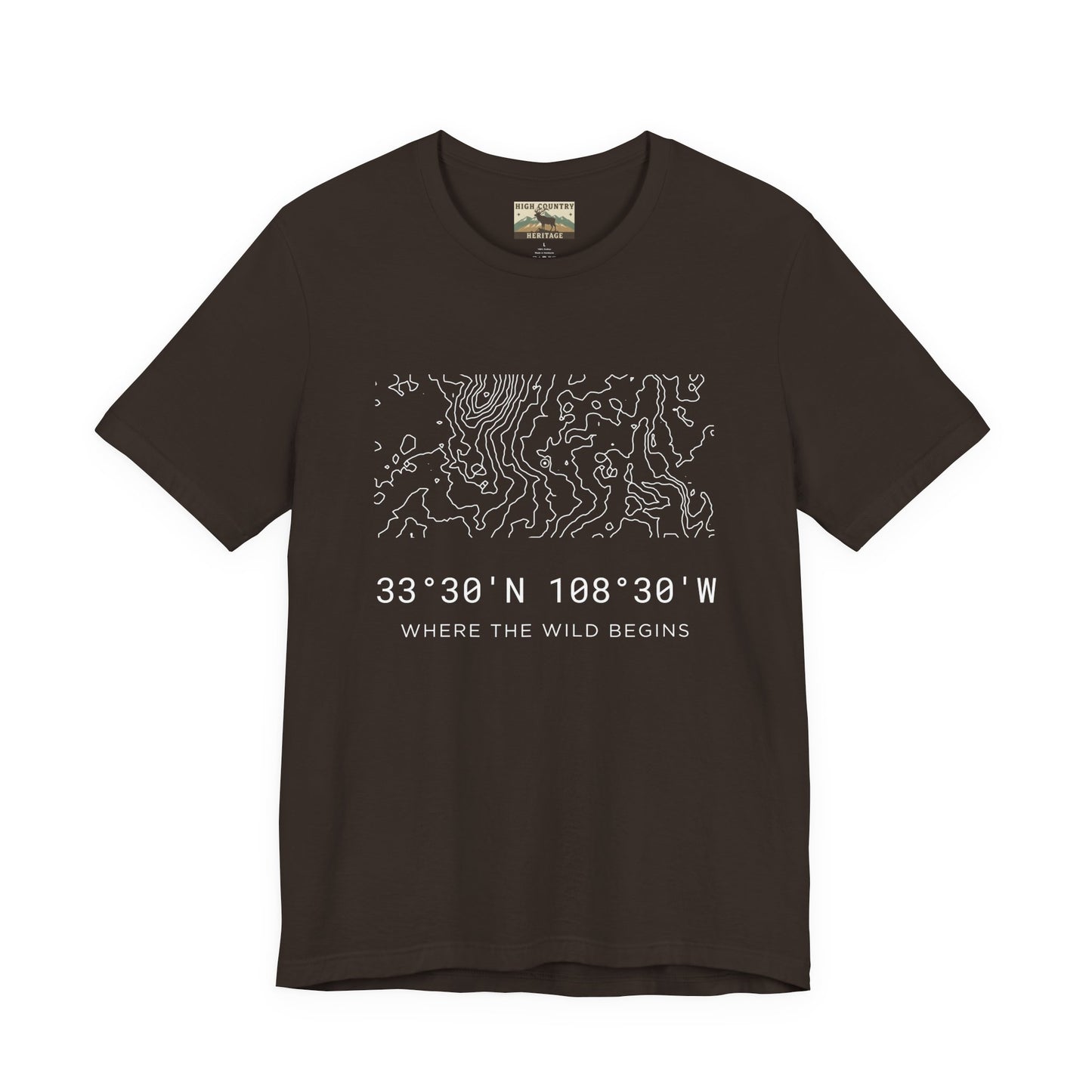 High Country Heritage Gila Wilderness elk hunting topo t-shirt in Brown, displaying the minimalist contour map design from New Mexico's first wilderness area and the tagline Where the Wild Begins.