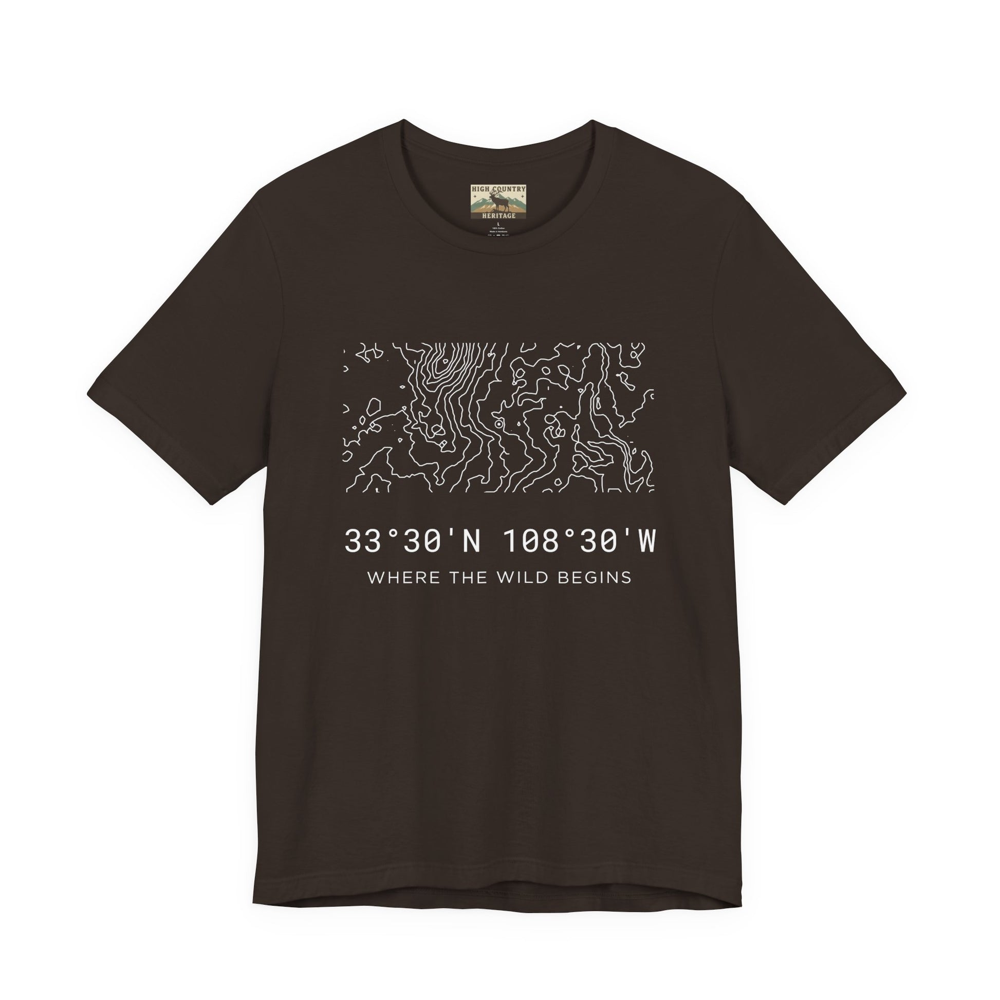 High Country Heritage Gila Wilderness elk hunting topo t-shirt in Brown, displaying the minimalist contour map design from New Mexico's first wilderness area and the tagline Where the Wild Begins.