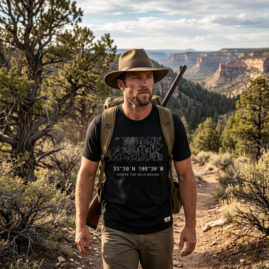 A hunter wearing a black High Country Heritage Gila Wilderness topographic map t-shirt walks a canyon trail in New Mexico carrying a rifle, with dramatic red rock mesas and pinyon-juniper terrain visible behind him.