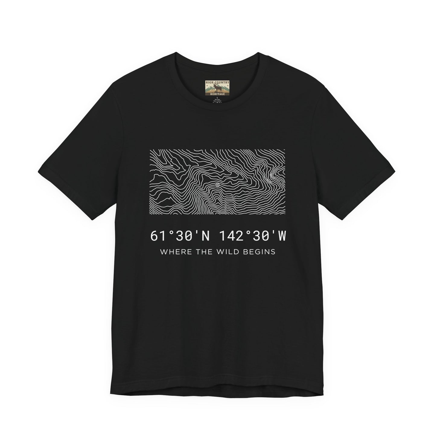 High Country Heritage Alaska hunting coordinates tee in Black, showing the smooth white topographic contour lines and coordinates 61 degrees 30 N 142 degrees 30 W from the Wrangell-St. Elias region on a flat product mockup.
