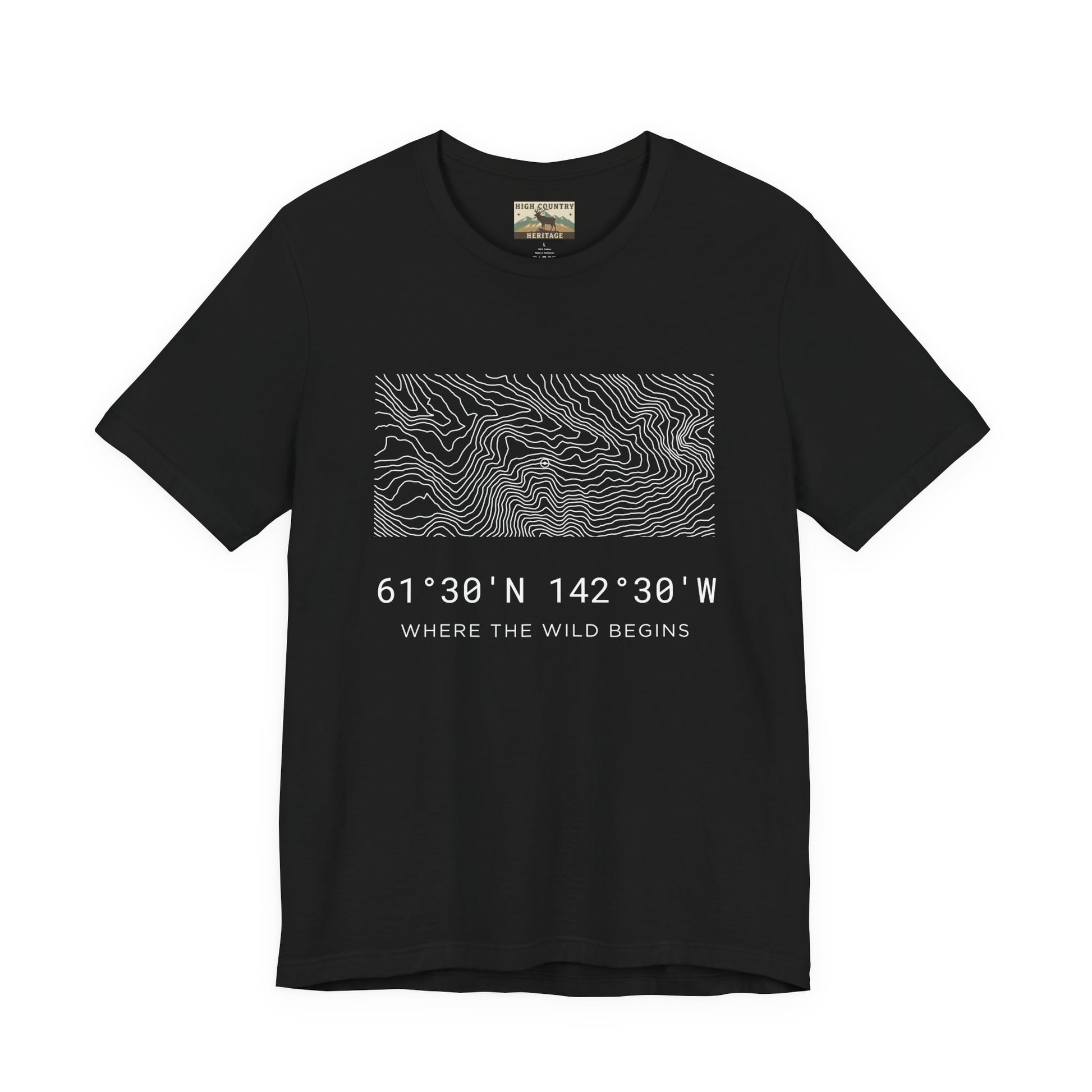 High Country Heritage Alaska hunting coordinates tee in Black, showing the smooth white topographic contour lines and coordinates 61 degrees 30 N 142 degrees 30 W from the Wrangell-St. Elias region on a flat product mockup.