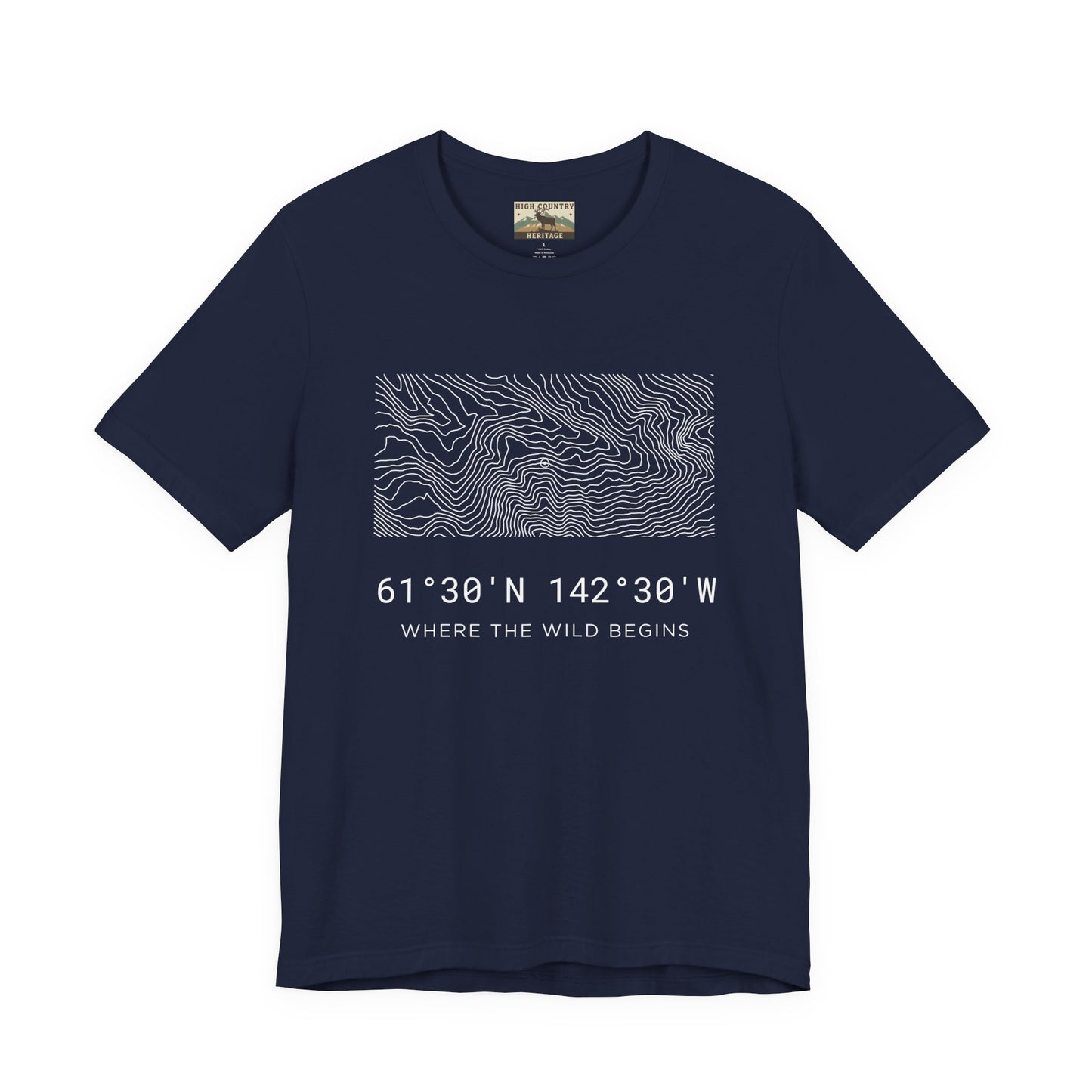High Country Heritage Alaska Wrangell-St. Elias topographic map t-shirt in Navy, showing the minimalist flowing contour line design and coordinates 61 degrees 30 N 142 degrees 30 W.