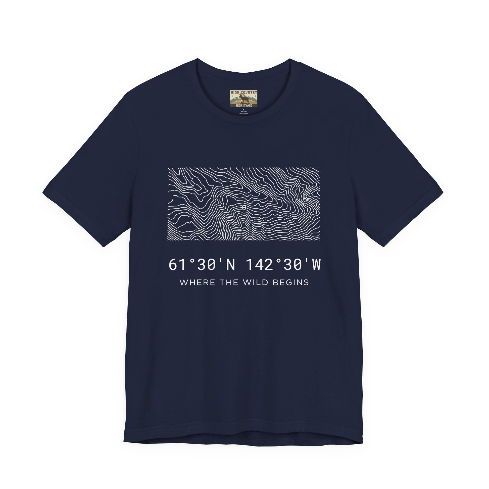 High Country Heritage Alaska Wrangell-St. Elias topographic map t-shirt in Navy, showing the minimalist flowing contour line design and coordinates 61 degrees 30 N 142 degrees 30 W.