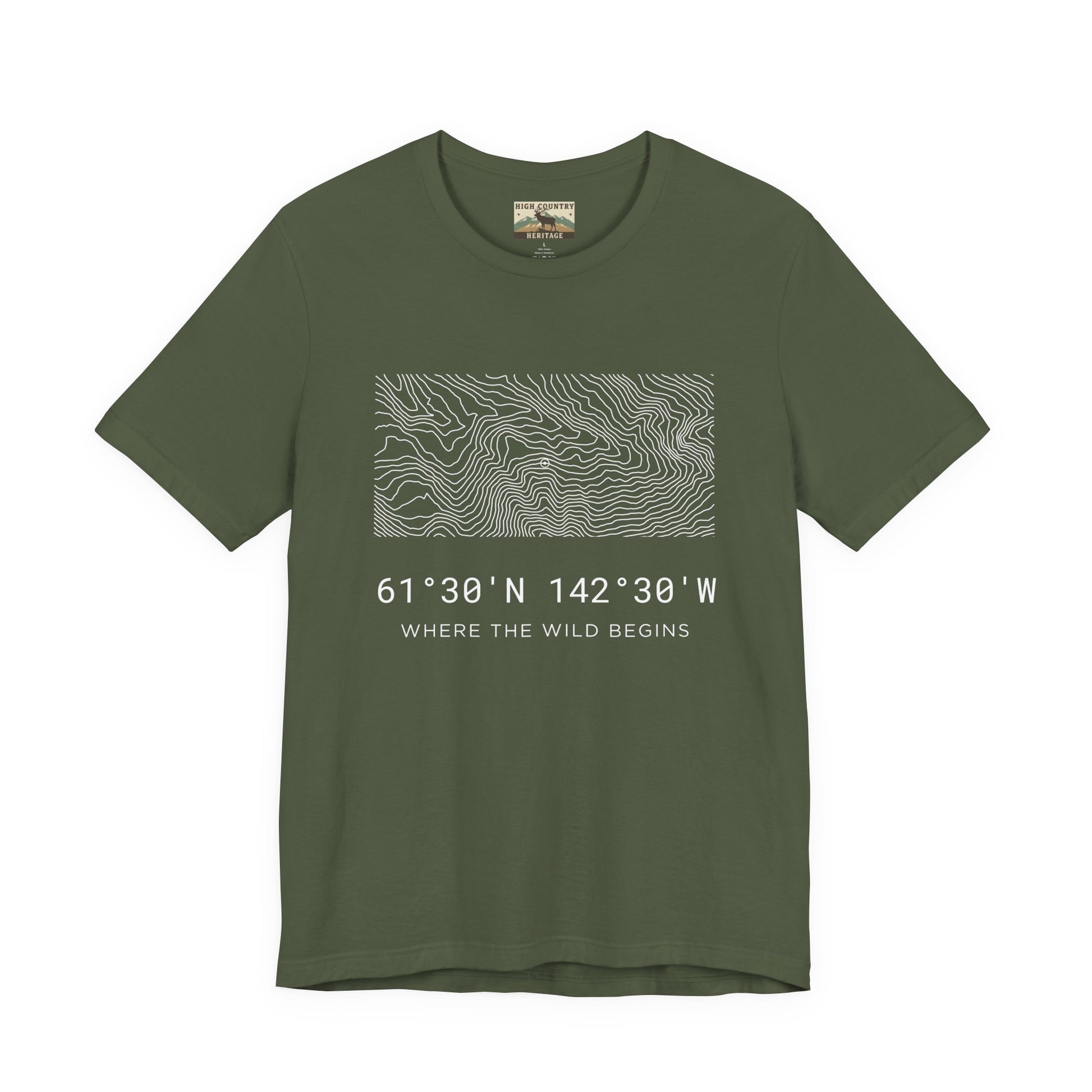 High Country Heritage Alaska hunting coordinates tee in Military Green, featuring the Wrangell-St. Elias topographic contour map and GPS coordinates printed in white on a flat product mockup.