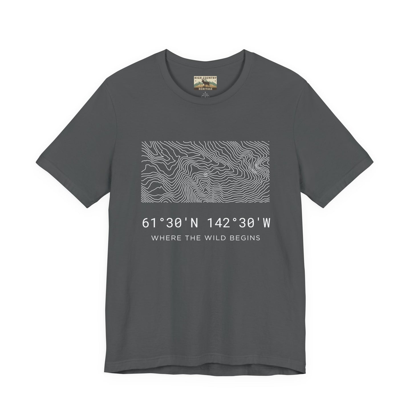 High Country Heritage Alaska Wrangell-St. Elias topographic map t-shirt in Asphalt, featuring the white minimalist flowing contour line design and GPS coordinates with the tagline Where the Wild Begins on a clean white background.