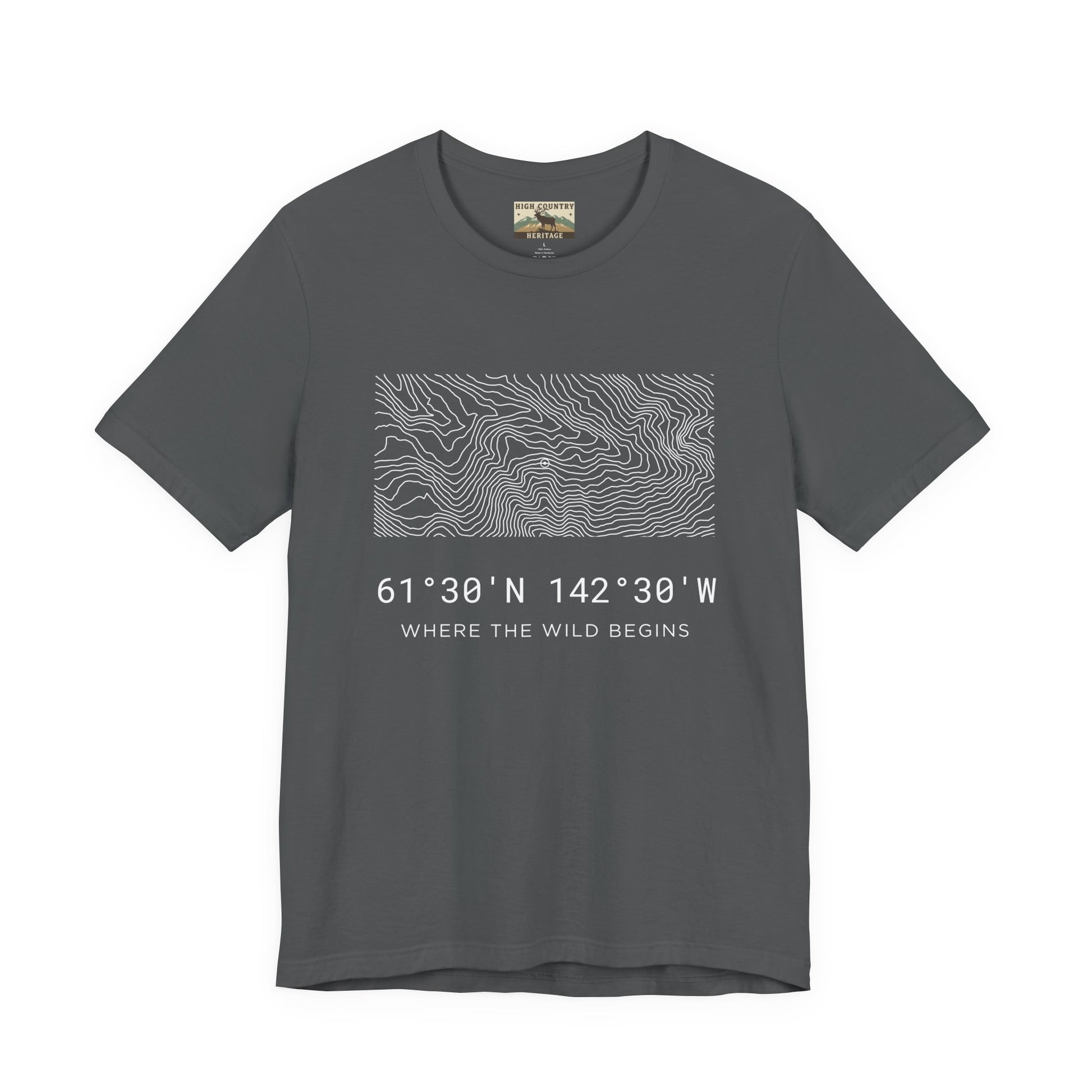 High Country Heritage Alaska Wrangell-St. Elias topographic map t-shirt in Asphalt, featuring the white minimalist flowing contour line design and GPS coordinates with the tagline Where the Wild Begins on a clean white background.