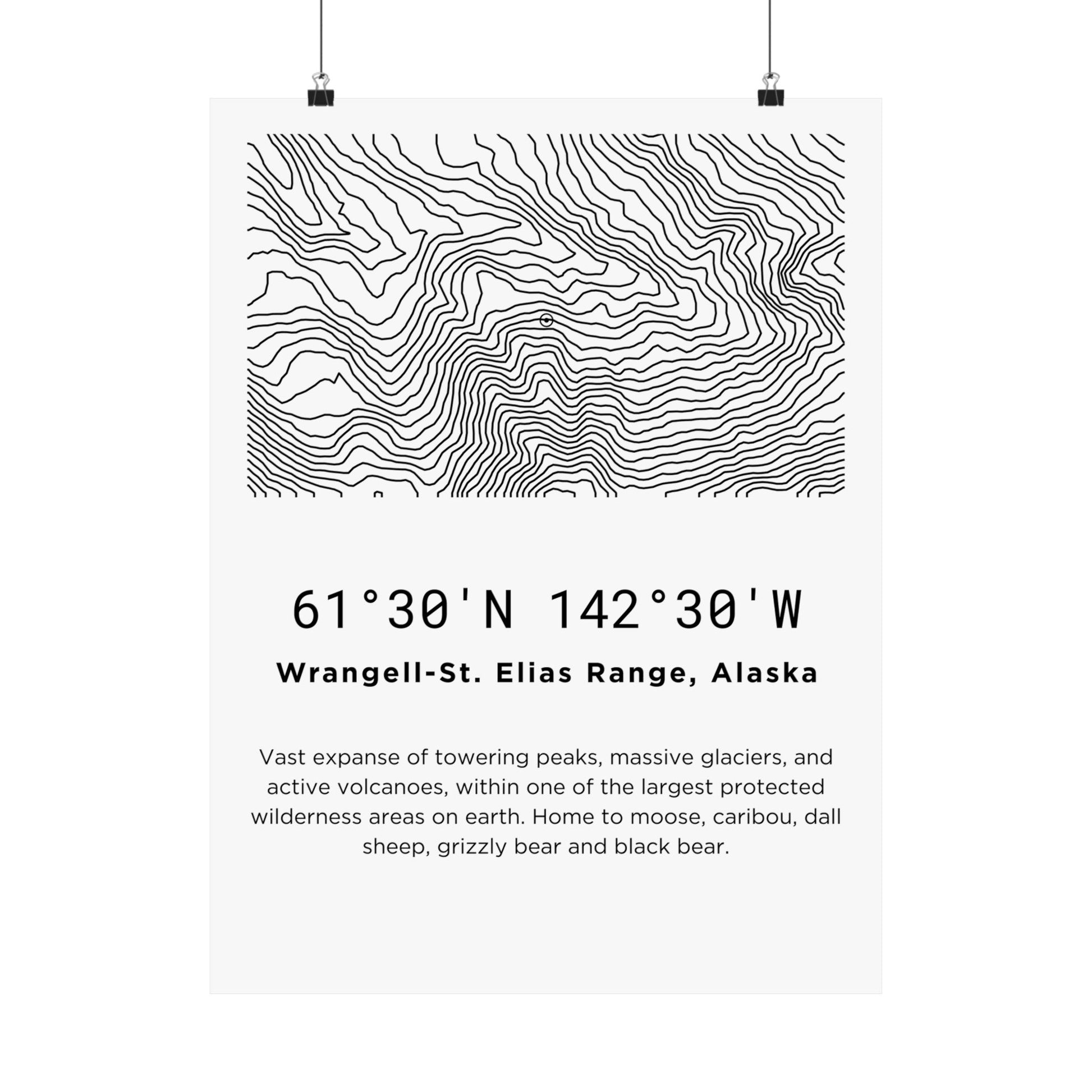 Full flat view of the Wrangell-St. Elias Range Alaska minimalist topographic map poster hung with binder clips, displaying the sweeping contour line art, coordinates, and wilderness territory description on off-white matte paper.