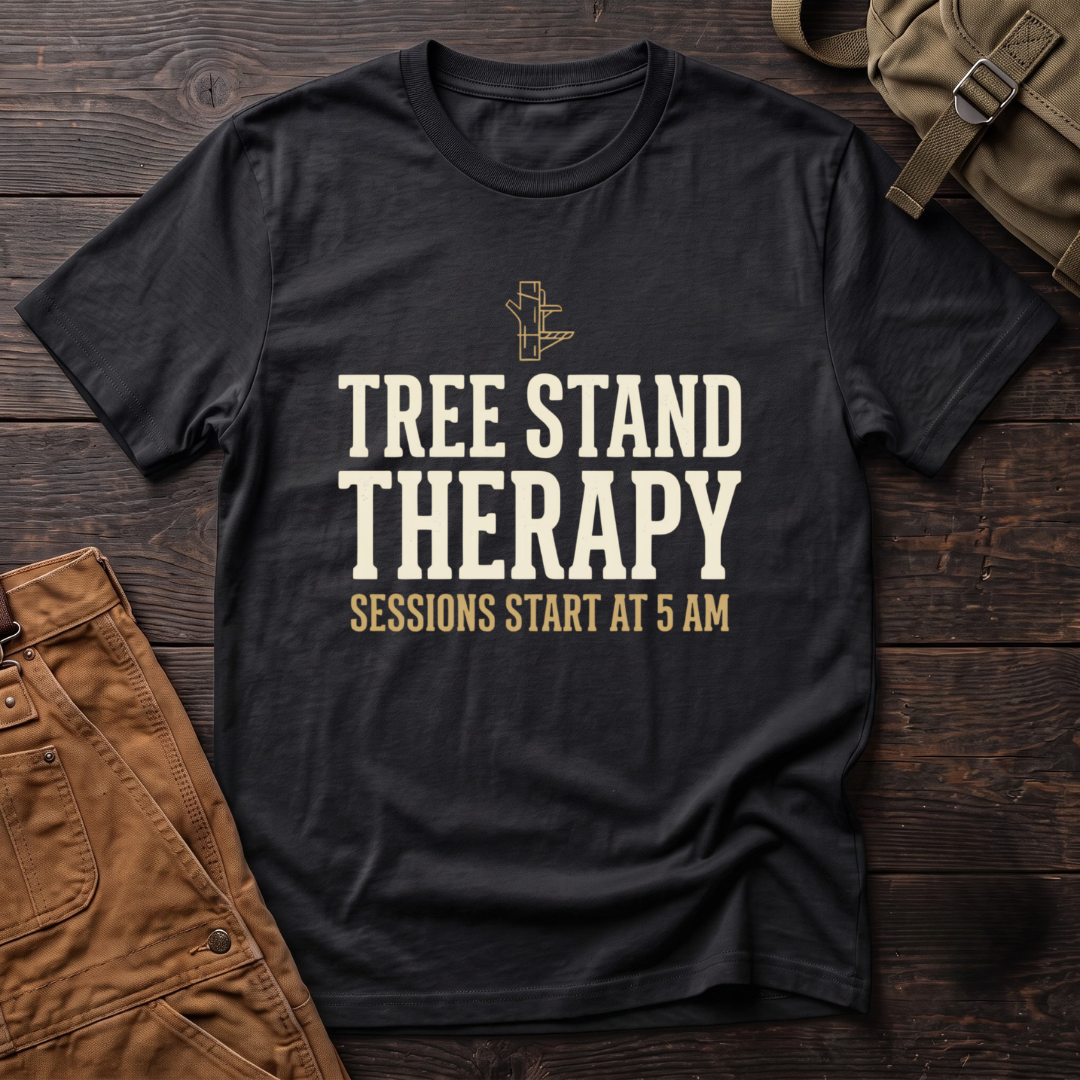 Black funny hunting t-shirt with Tree Stand Therapy, Sessions Start At 5 AM text and a small tree stand icon