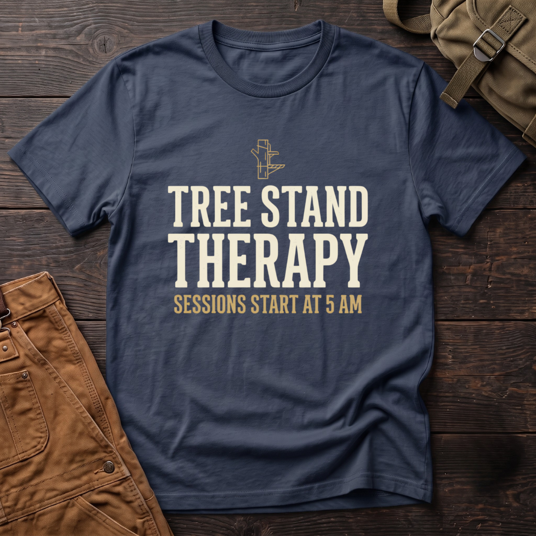 Navy funny hunting t-shirt with Tree Stand Therapy, Sessions Start At 5 AM text and a small tree stand icon