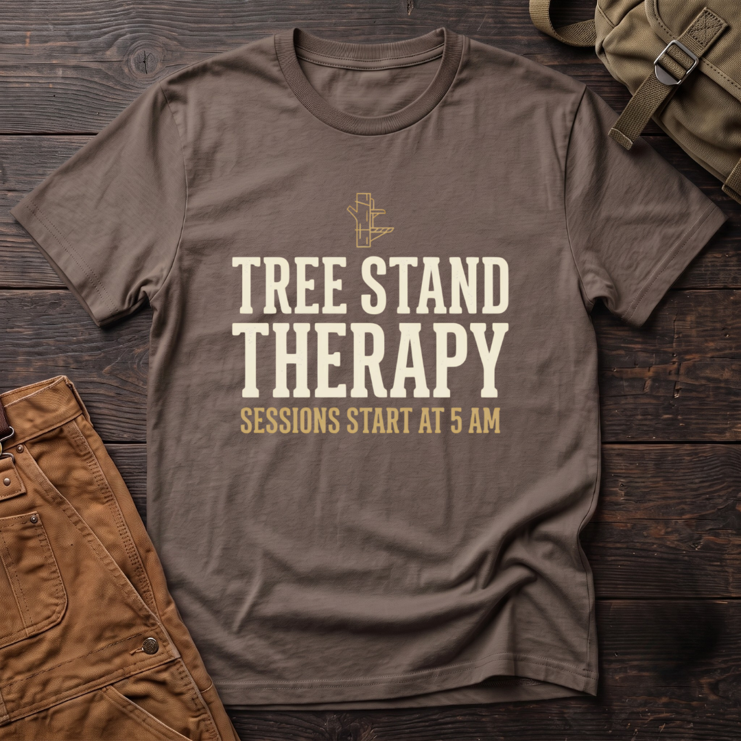 Brown funny hunting t-shirt with Tree Stand Therapy, Sessions Start At 5 AM text and a small tree stand icon