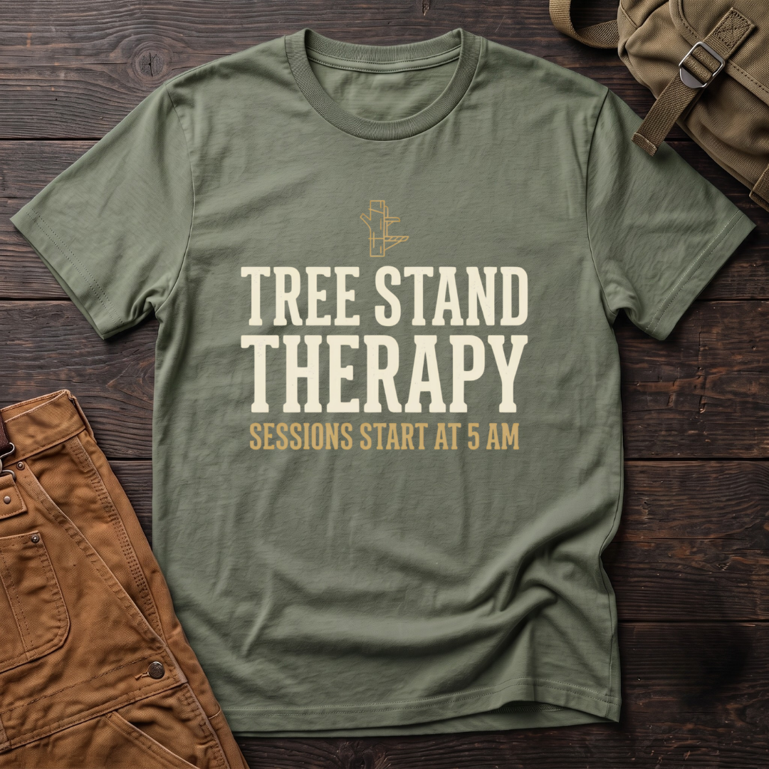 Military Green funny hunting t-shirt with Tree Stand Therapy, Sessions Start At 5 AM text and a small tree stand icon