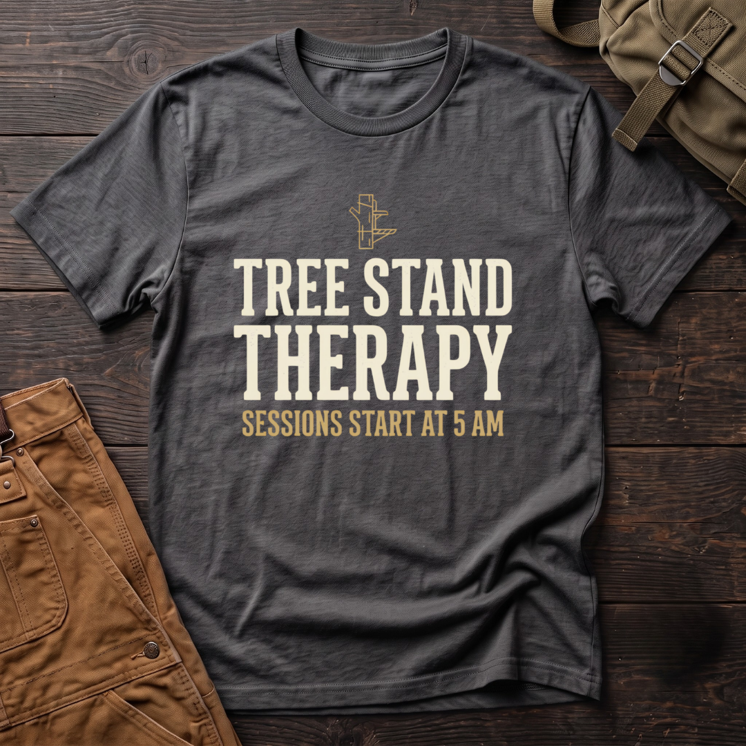 Asphalt funny hunting t-shirt with Tree Stand Therapy, Sessions Start At 5 AM text and a small tree stand icon