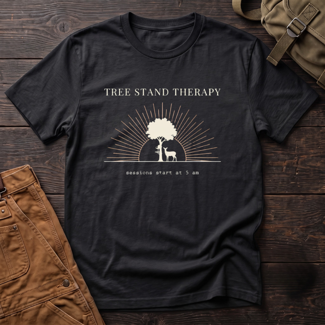 Black funny deer hunting t-shirt with Tree Stand Therapy, sessions start at 5 am text, a tree with a tree stand and a deer in front of a rising sun