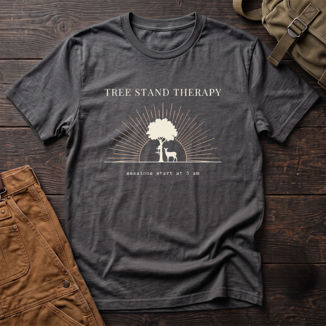 Asphalt funny deer hunting t-shirt with Tree Stand Therapy, sessions start at 5 am text, a tree with a tree stand and a deer in front of a rising sun