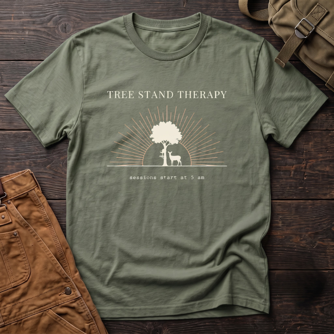 Military Green funny deer hunting t-shirt with Tree Stand Therapy, sessions start at 5 am text, a tree with a tree stand and a deer in front of a rising sun