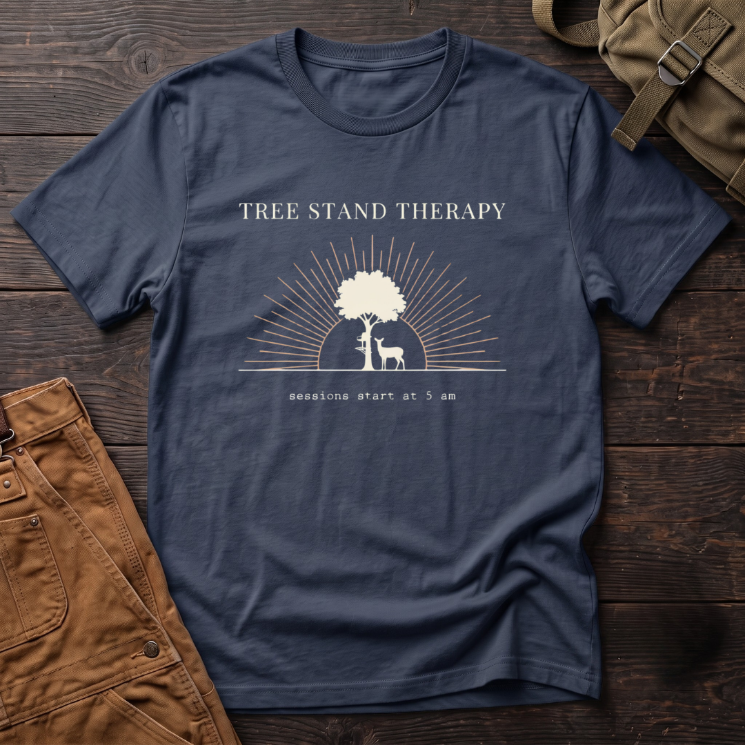 Navy funny deer hunting t-shirt with Tree Stand Therapy, sessions start at 5 am text, a tree with a tree stand and a deer in front of a rising sun