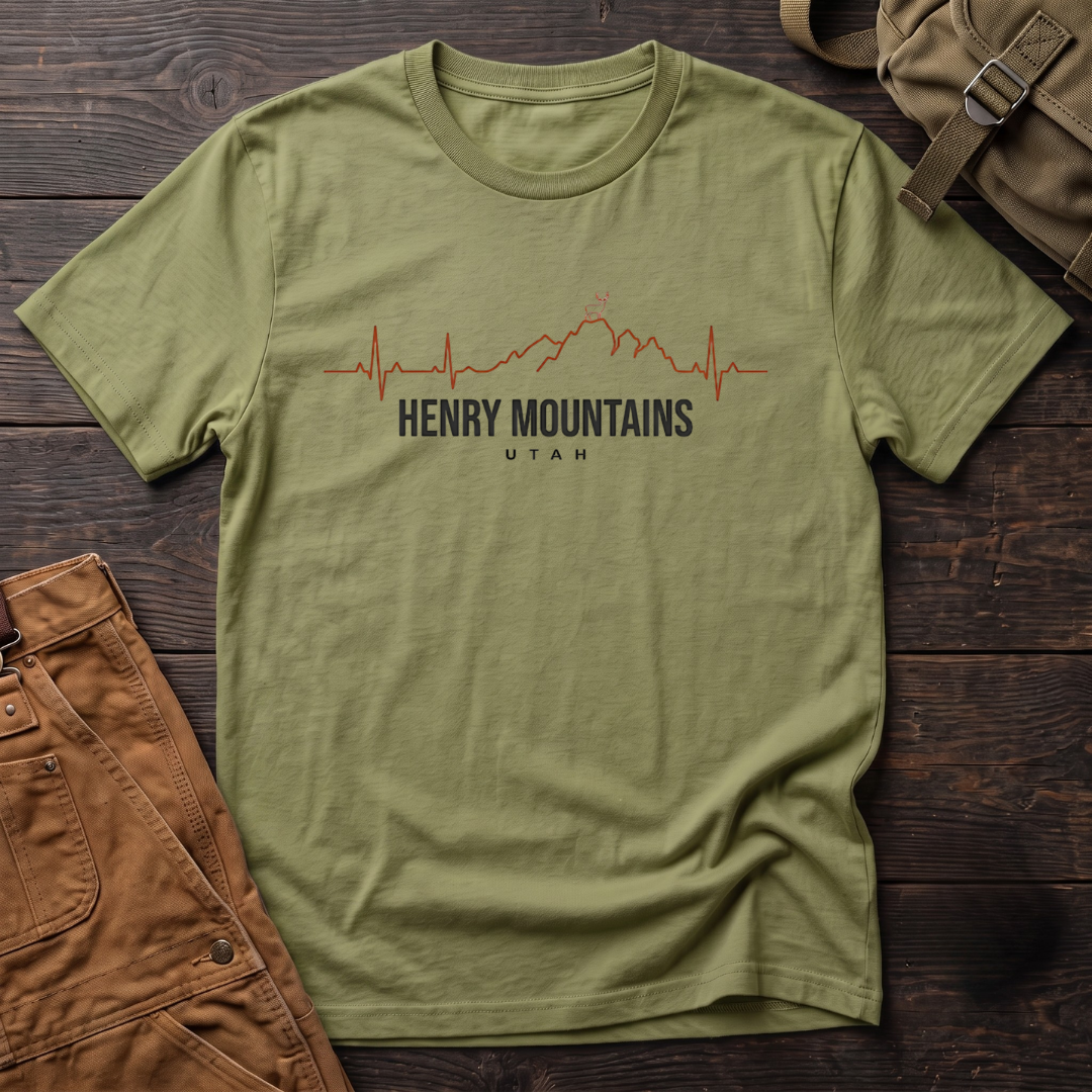 Heather Green Utah hunting t-shirt with Henry Mountains Utah text and a heartbeat line that turns into a mountain ridge with a small buck on the peak