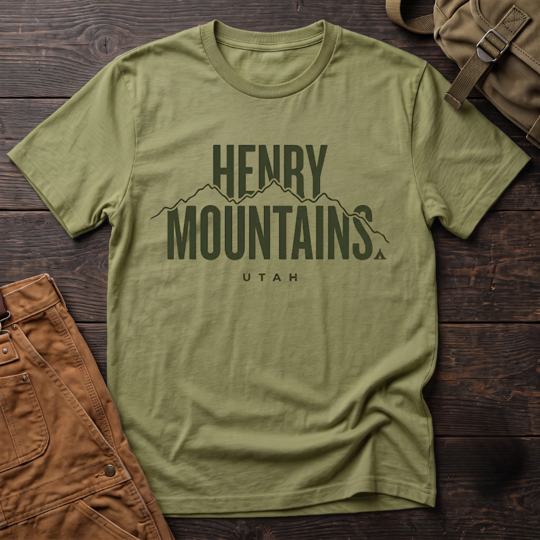 Heather Green Utah t-shirt with bold Henry Mountains Utah lettering, a mountain ridge line and a small tent