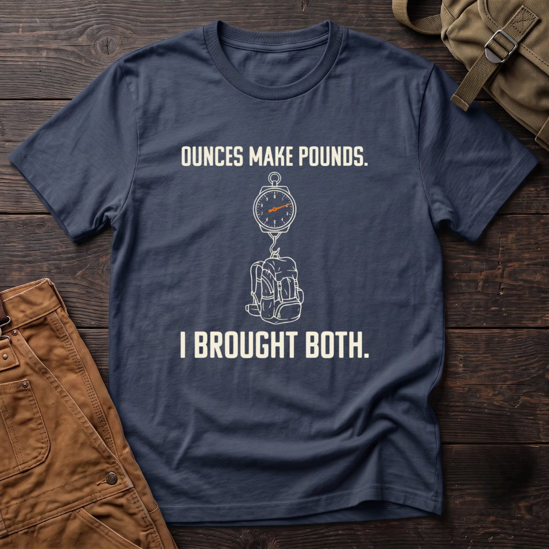 Navy funny hunting t-shirt with Ounces Make Pounds, I Brought Both text and a hanging scale weighing a loaded backpack
