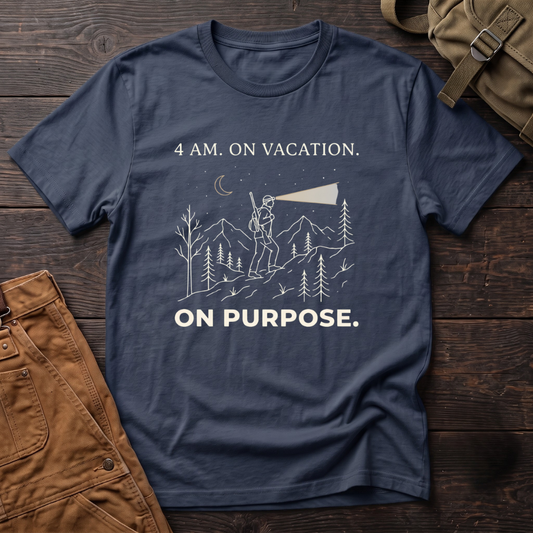 Navy funny hunting t-shirt with 4 AM. On Vacation. On Purpose. text and a line-art hunter on a mountain shining a headlamp under a crescent moon