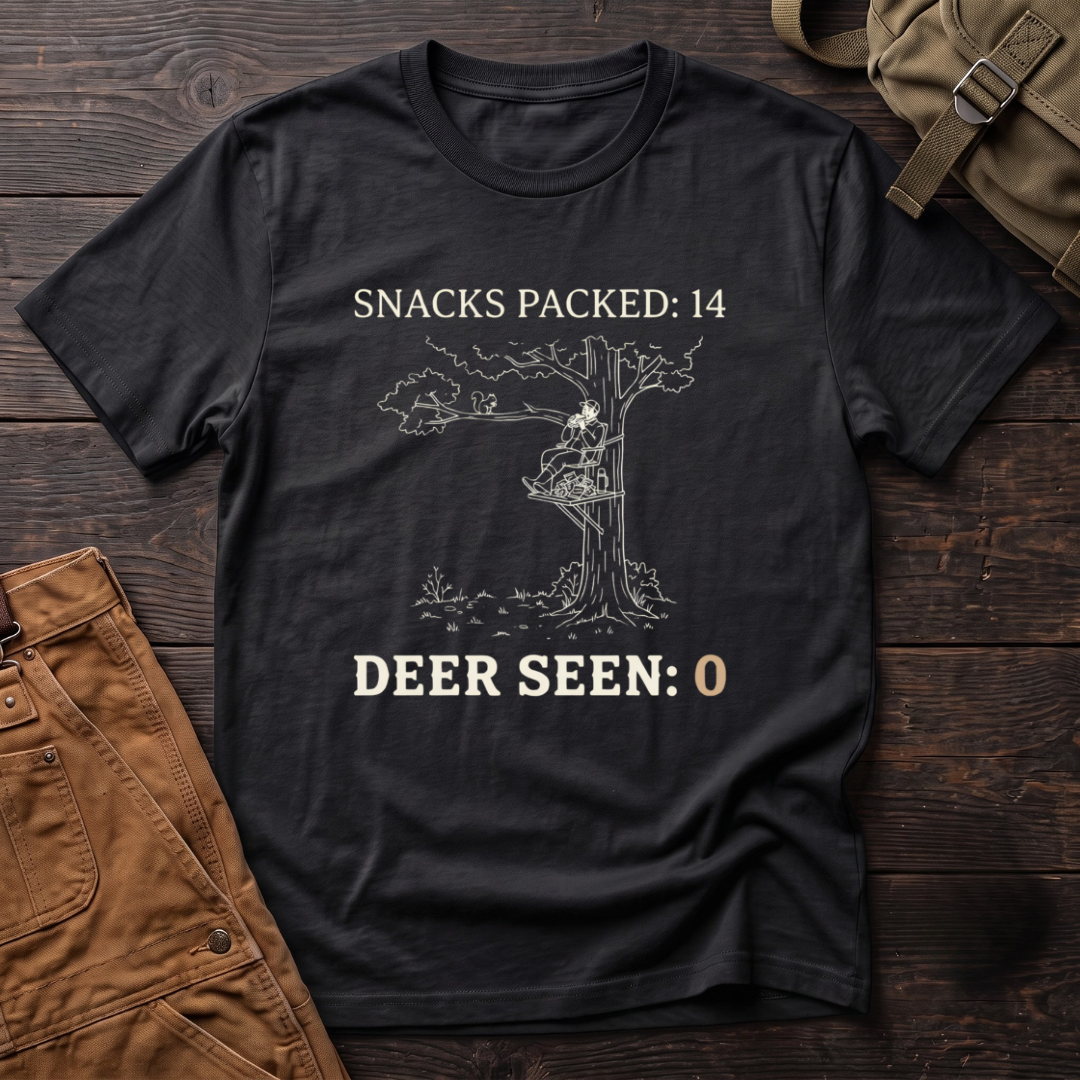 Black funny deer hunting t-shirt with Snacks Packed: 14, Deer Seen: 0 text and a line-art hunter in a tree stand