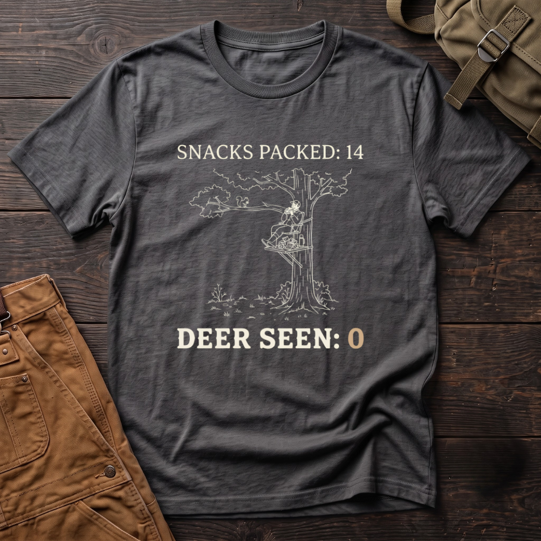 Asphalt funny deer hunting t-shirt with Snacks Packed: 14, Deer Seen: 0 text and a line-art hunter in a tree stand