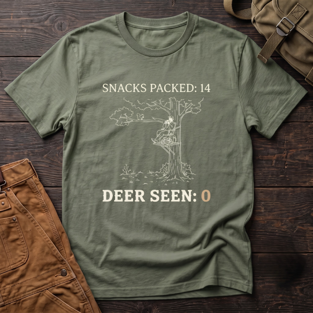Military funny deer hunting t-shirt with Snacks Packed: 14, Deer Seen: 0 text and a line-art hunter in a tree stand