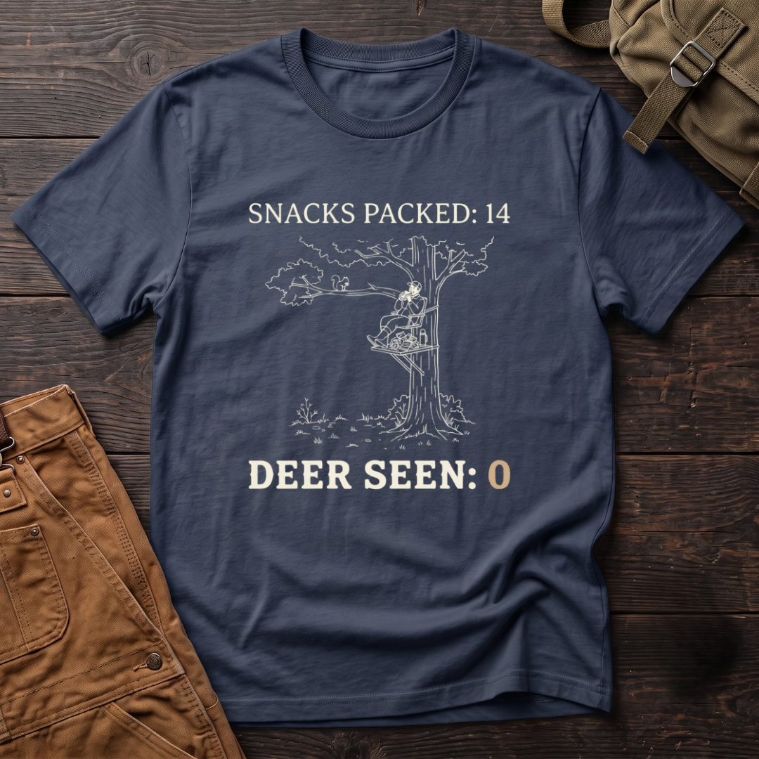 Navy funny deer hunting t-shirt with Snacks Packed: 14, Deer Seen: 0 text and a line-art hunter in a tree stand
