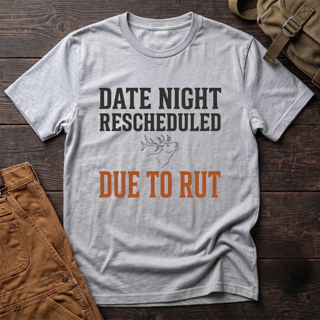 Athletic Heather funny elk hunting t-shirt with Date Night Rescheduled Due To Rut text and a small line drawing of a bugling elk head